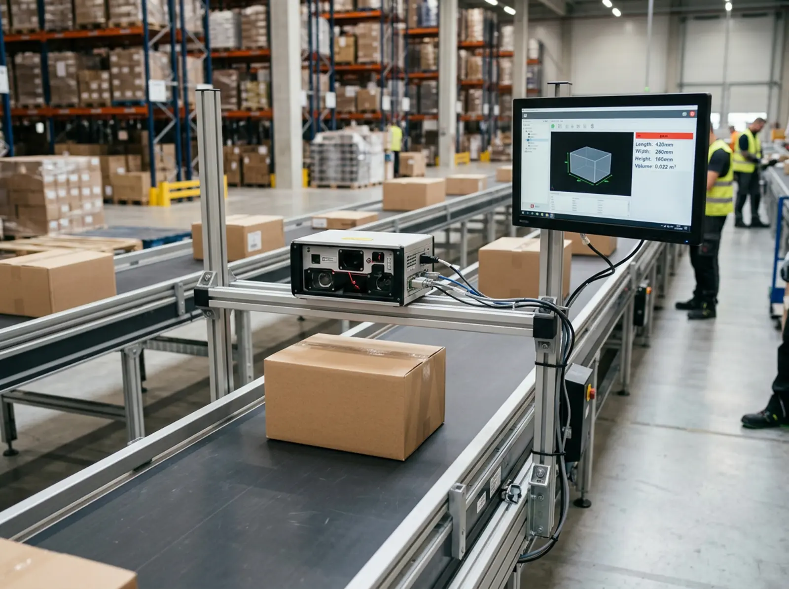 Automatisches Messgerät erfasst Paketmaße über dem Förderband im modernen Lager, Bildschirm live