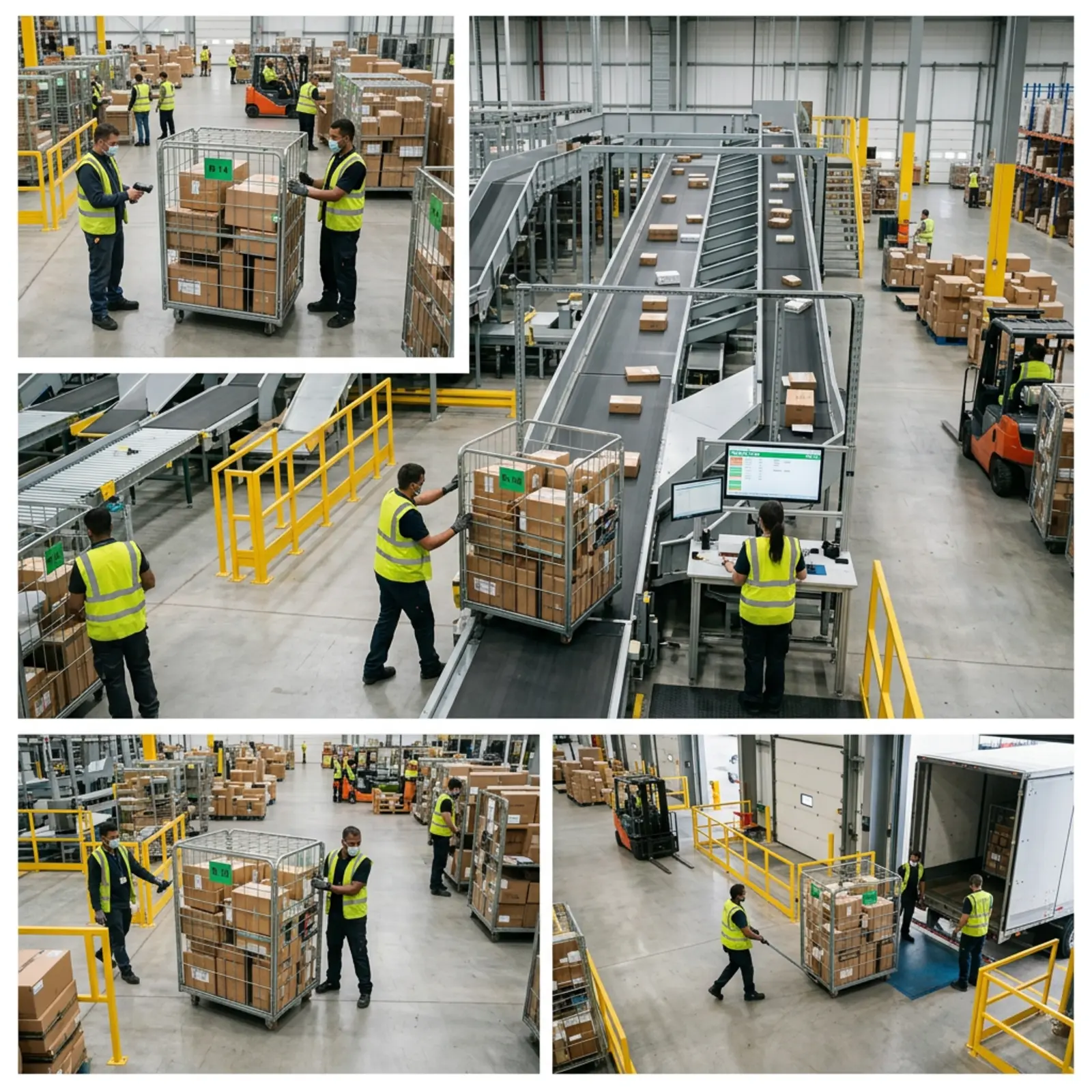 Paketkäfig durchläuft Wareneingang, Sortierung und Warenausgang im Logistikzentrum; Übergaben.