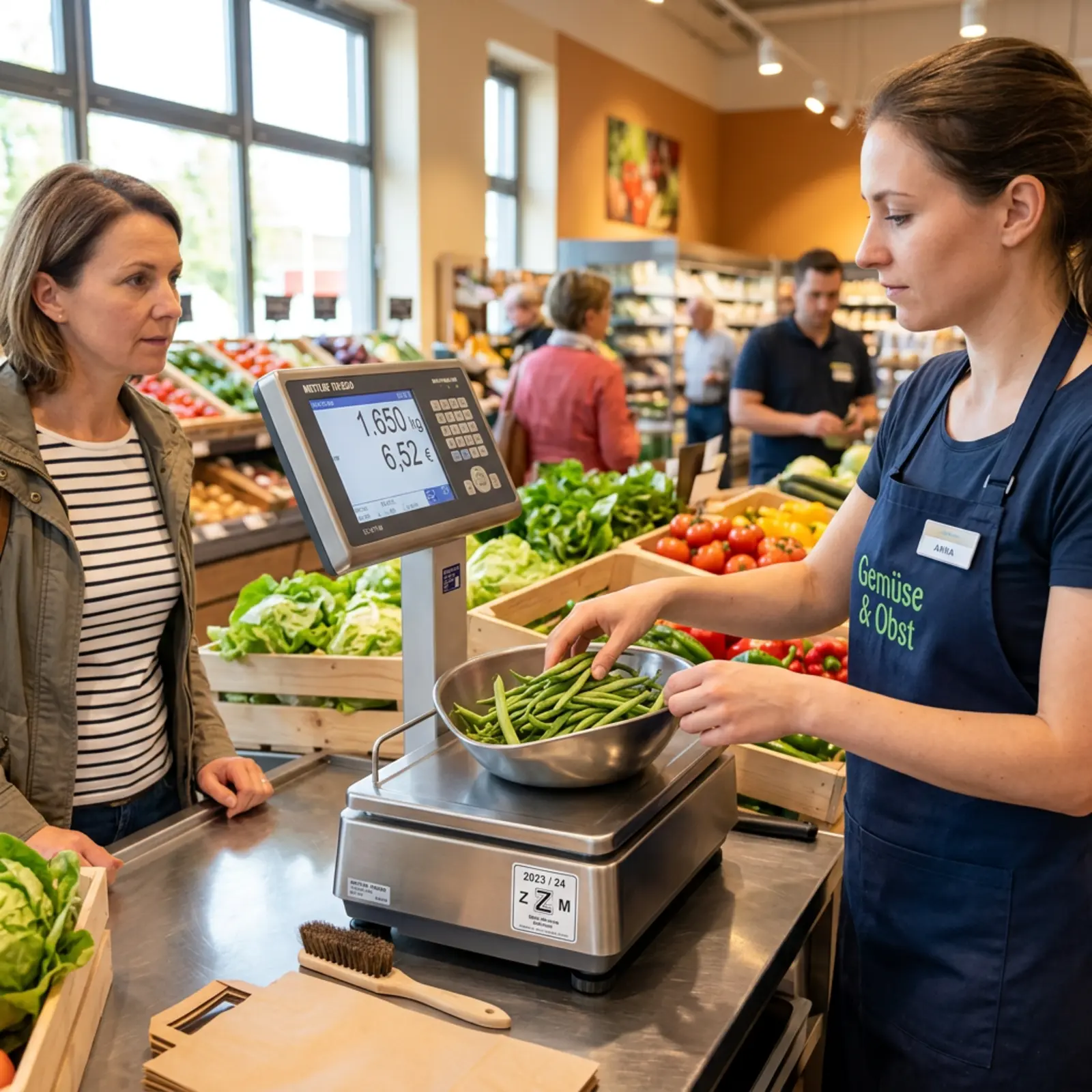 Le vendeur pèse des fruits en vrac au comptoir, le client observe la scène, la balance est au premier plan.
