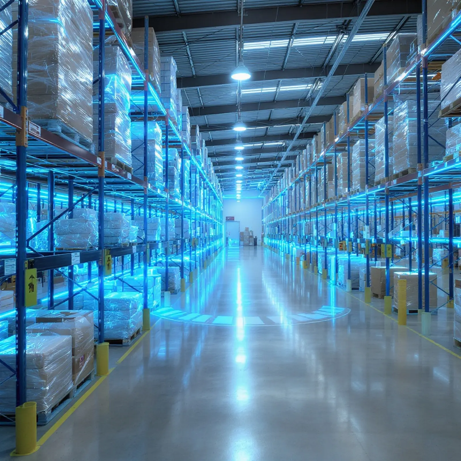 Entrepôt moderne et automatisé équipé de rayonnages à couloirs à haute densité, d'une zone de congélation (-18 °C), de navettes et d'un système de gestion d'entrepôt (WMS)