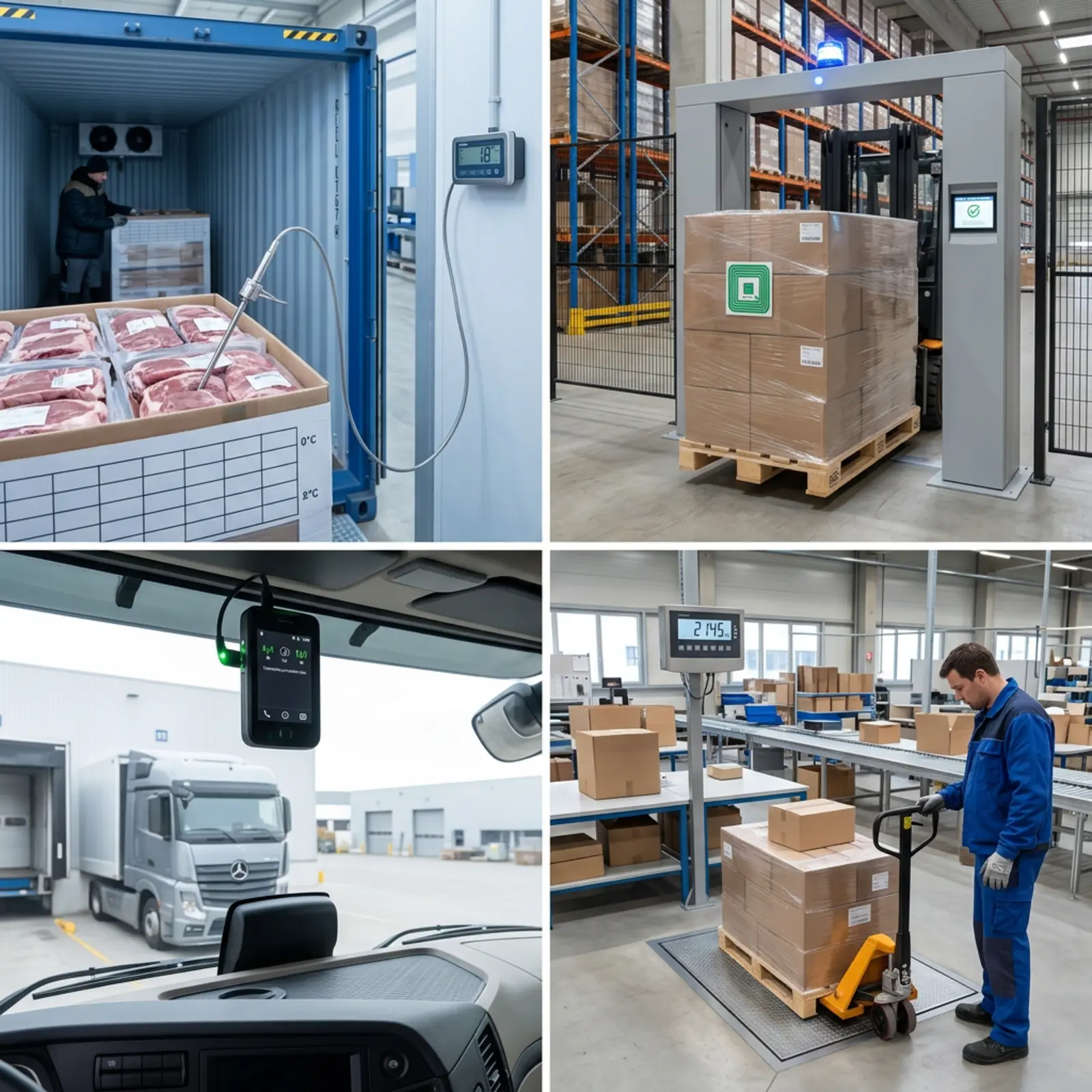 Lager: Temp-Sonde im Kühlcontainer, Palett durch Gate-Reader, Tracker im LKW, Waage am Packtisch.