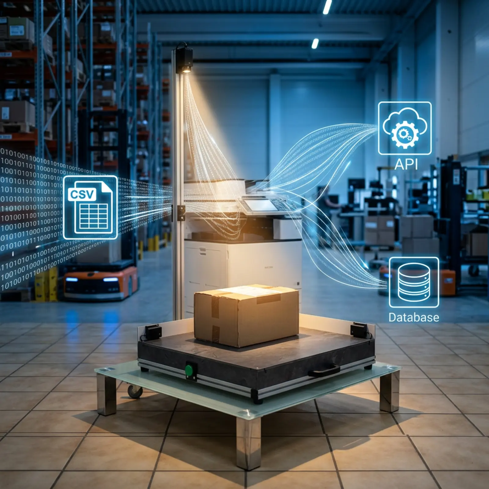 Industrial product photography: a focused device; CSV/API/DB icons connect data streams.