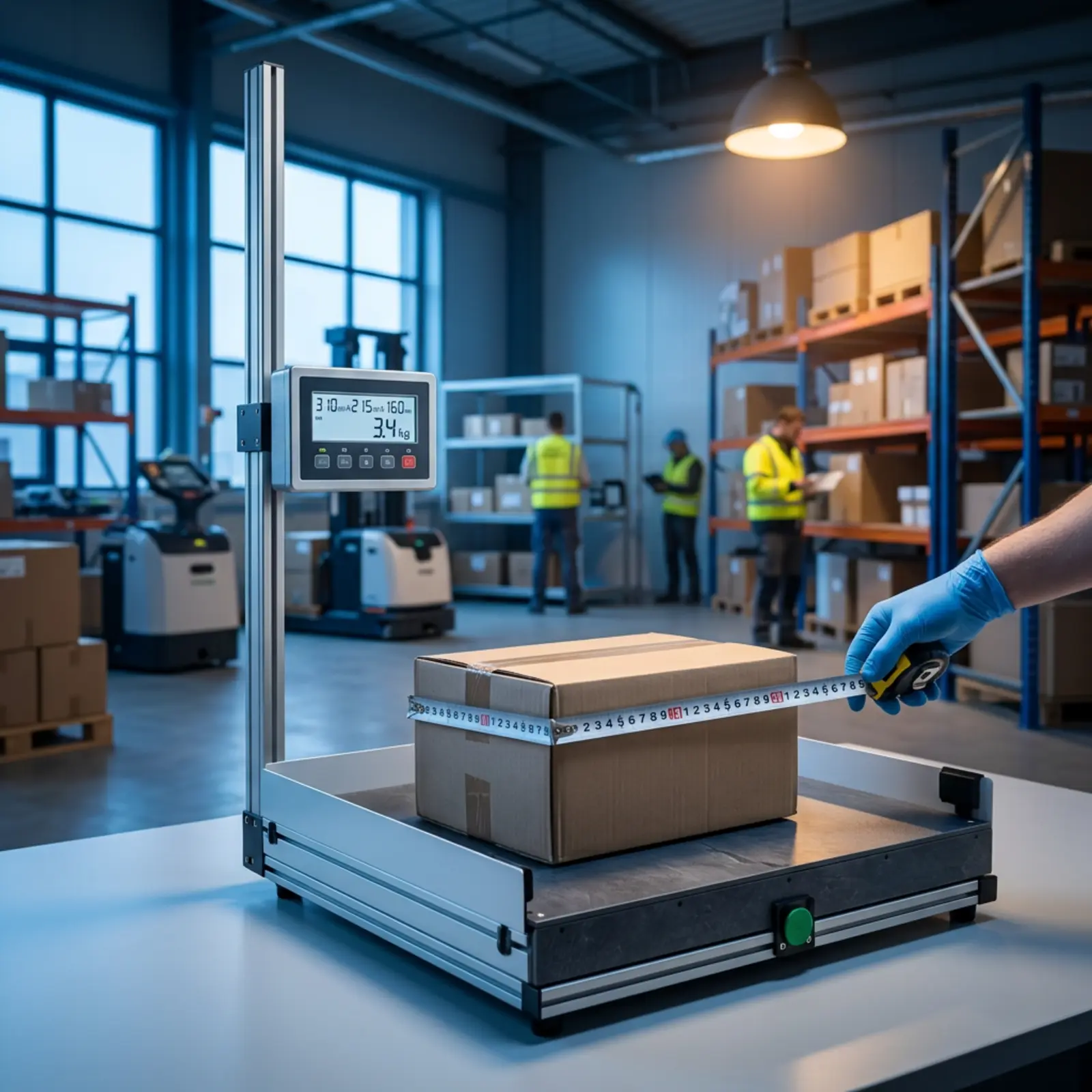A cardboard box on a scale with a measuring tape in the logistics center; cool blue, warm accents.