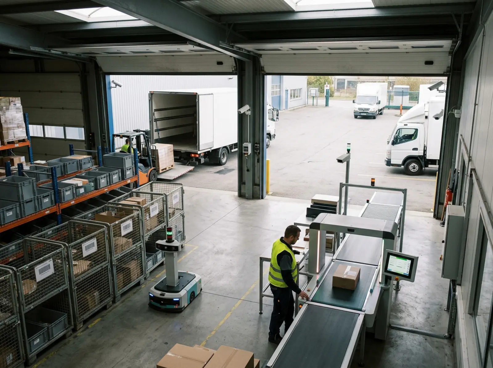 Erhöhtes Logistiklager: Ladungsträger in Regalen, überwachte Fahrzeuge, automatisierte Packmessung.