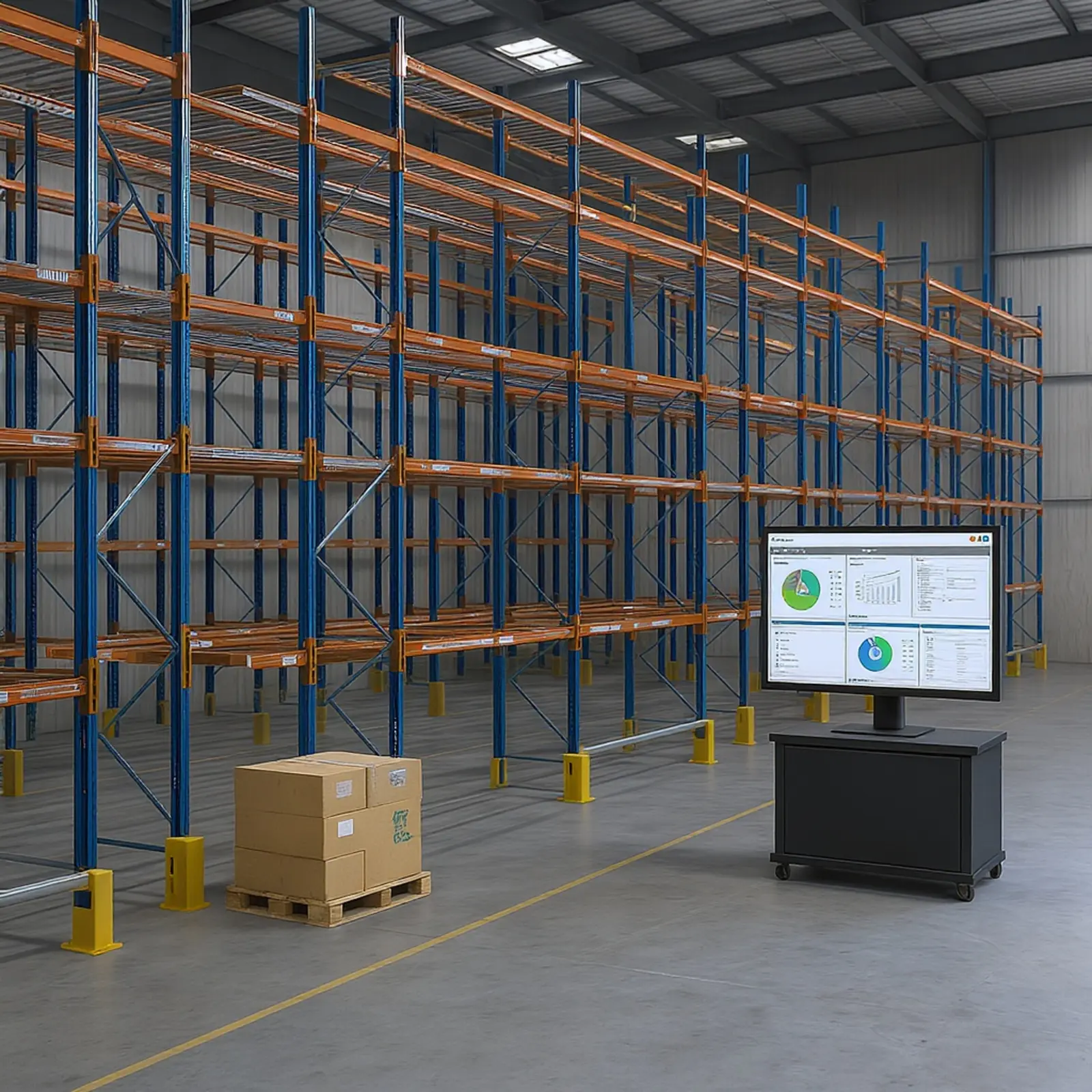 Entrepôt à rayonnages en hauteur photoréaliste avec robotique, AS/RS, convoyeurs et tableau de bord WMS.