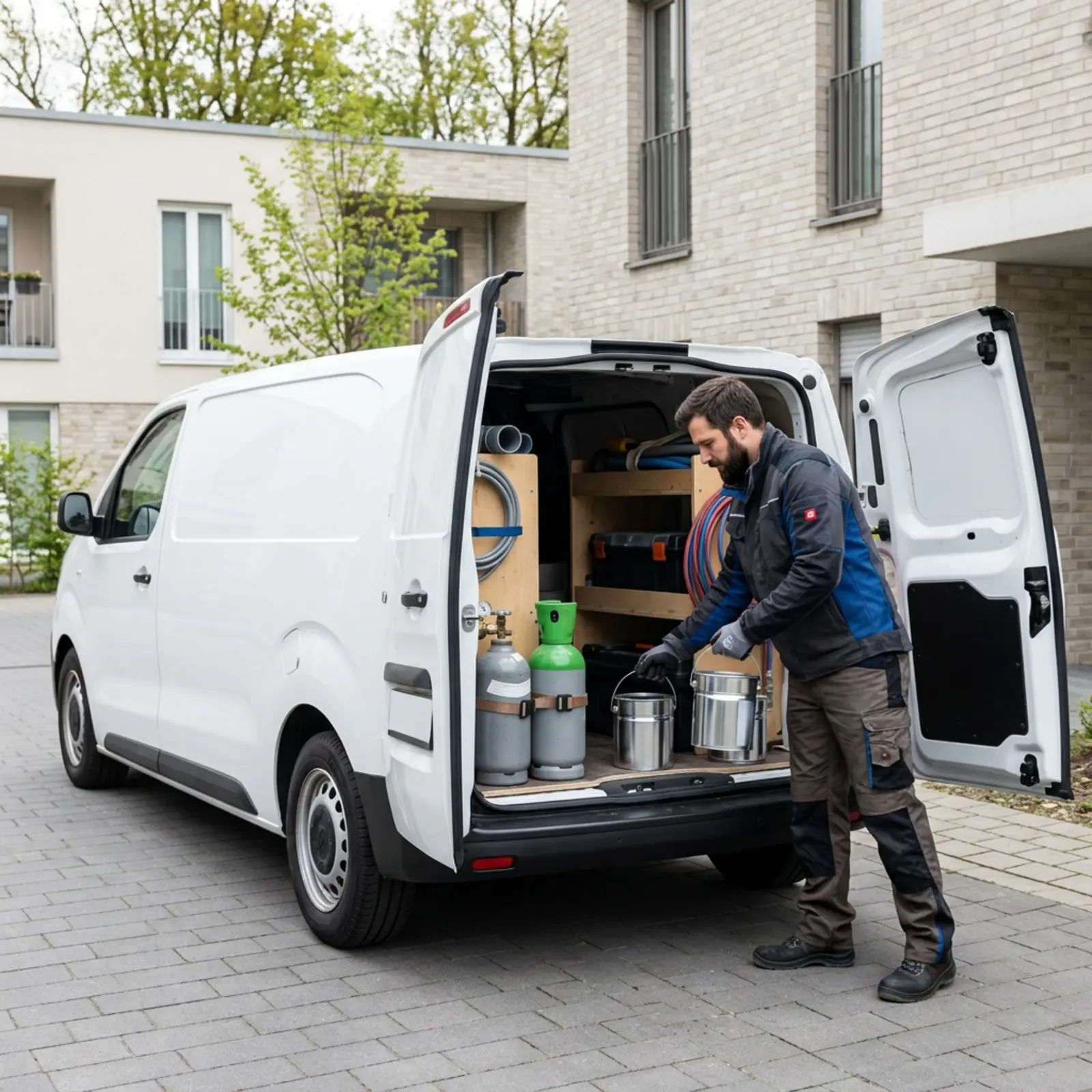 Platzierung von Gasflaschen und versiegelten Farbdosen im Transportbereich eines weißen Lieferwagens