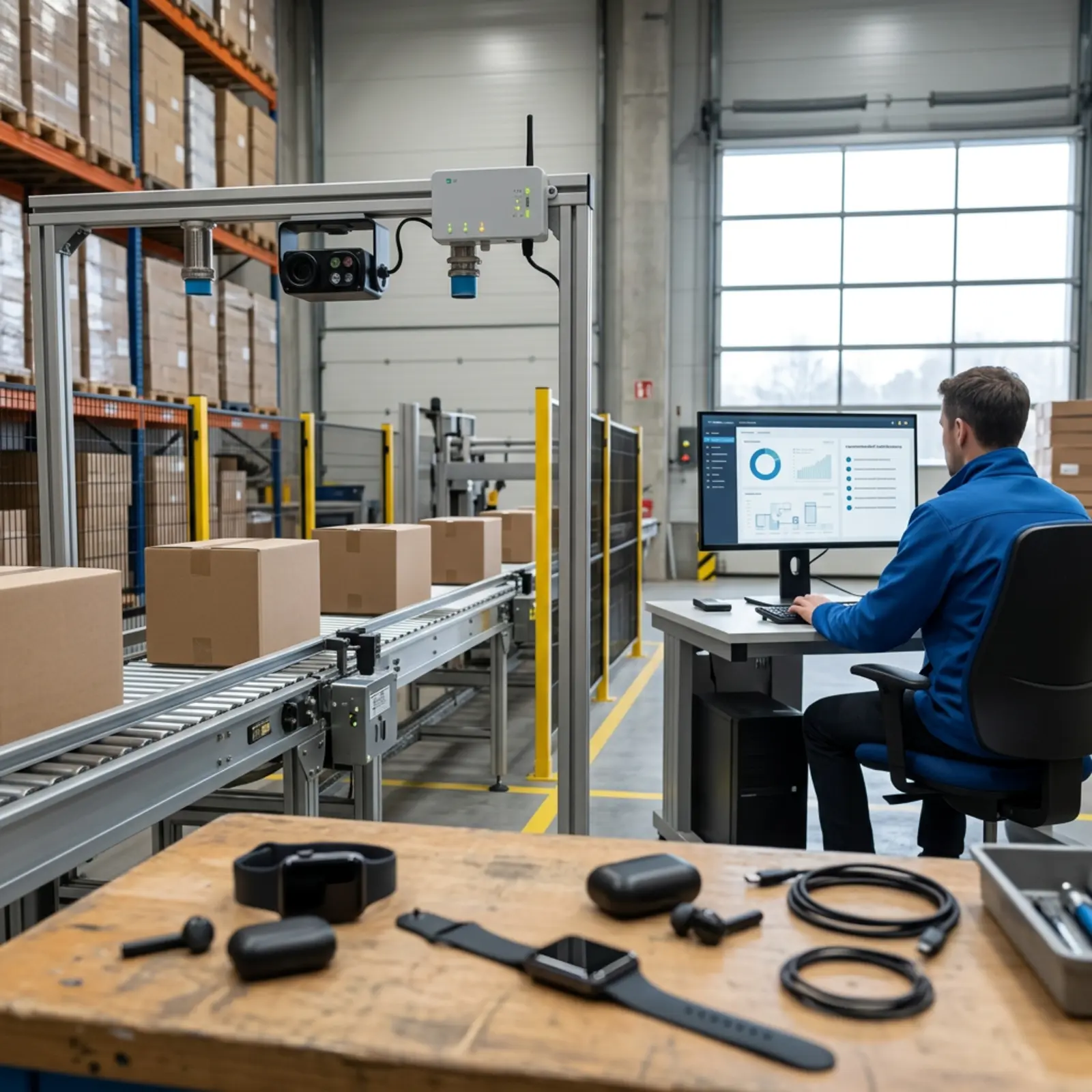 Industrielle Logistik: Wearables auf Bank, Sensorik am Förderband, Ingenieur prüft KI-Empfehlungen.