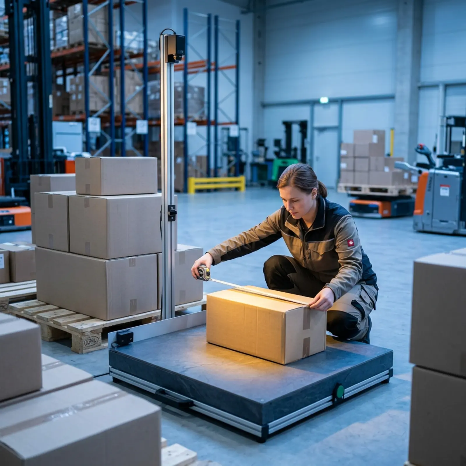 A person is measuring a package with a tape measure, surrounded by shipping boxes in a logistics center.