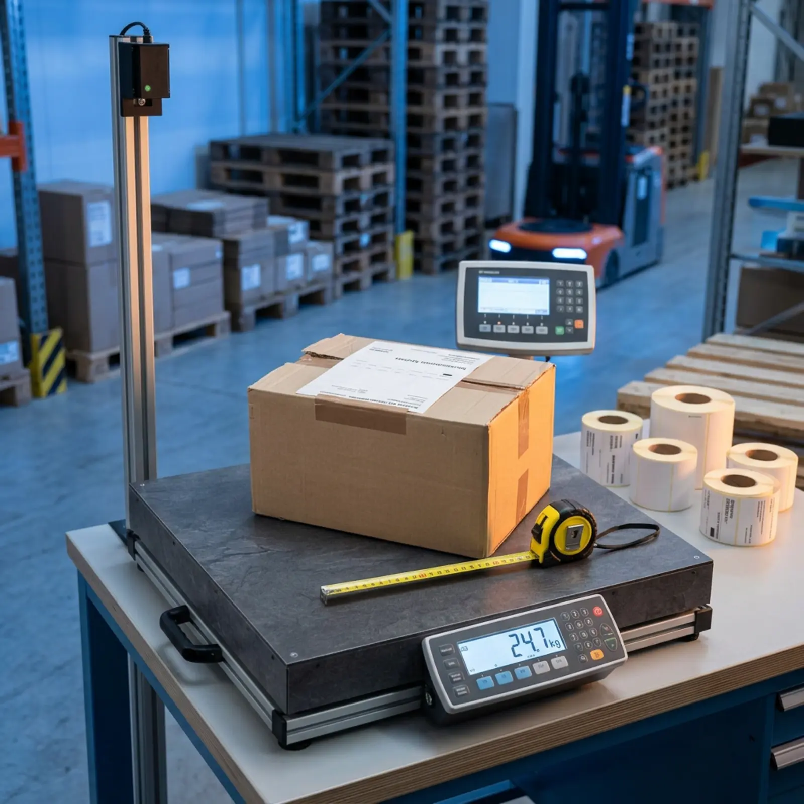 A package on a scale at the logistics center; a measuring tape and shipping labels, cool blue light.