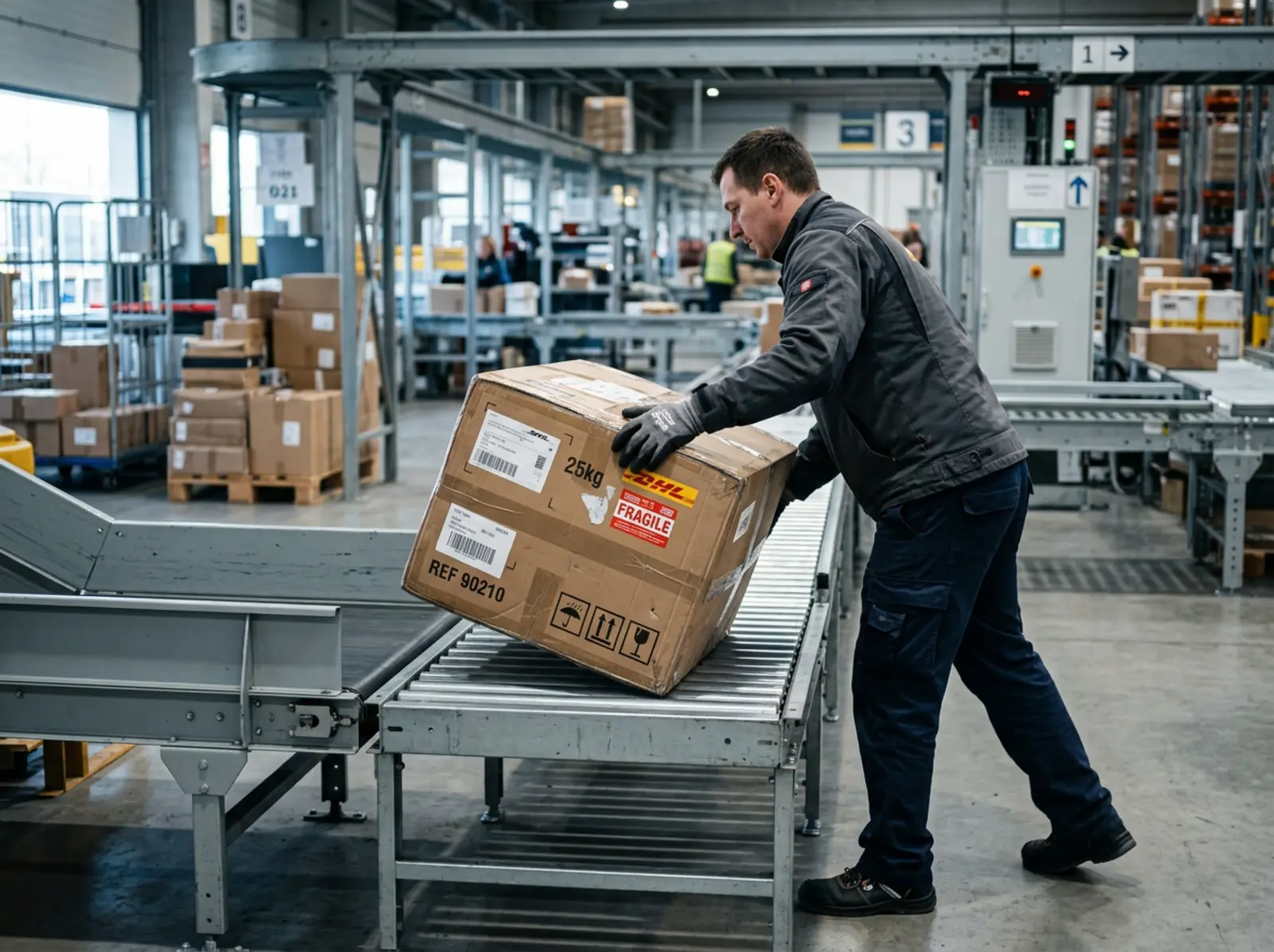 Paquete grande clasificado manualmente, fotografía industrial con infografía, fondo neutro