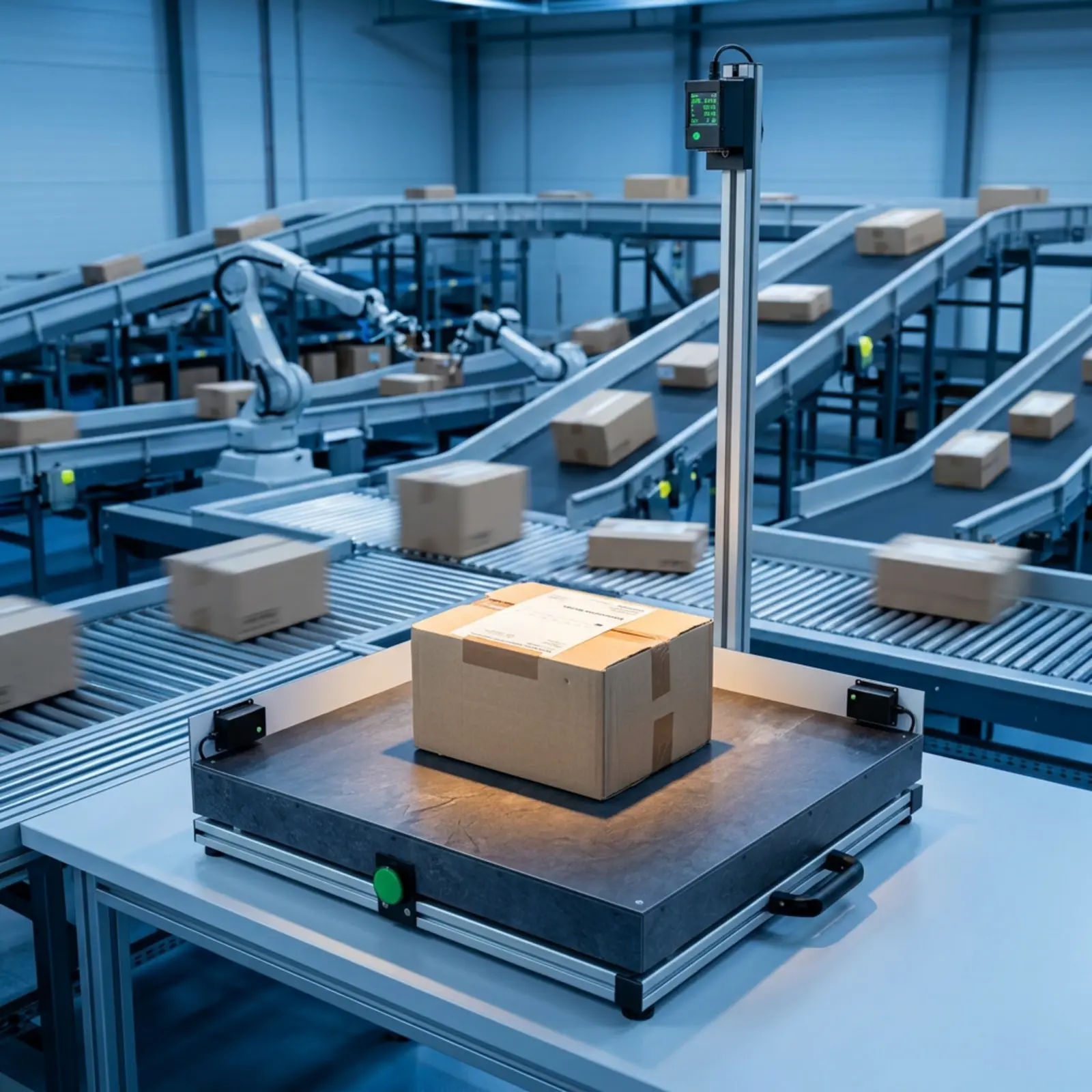 Industrial product photography at a logistics center, focused equipment, conveyor belts, packages