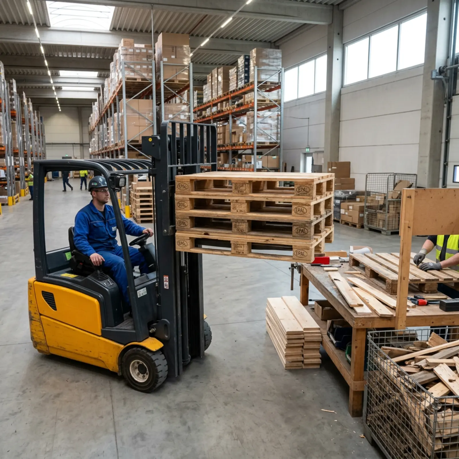 Gabelstapler hebt Holz-Europaletten mit Zertifikatsplaketten im Logistiklager nahe Reparaturstationen