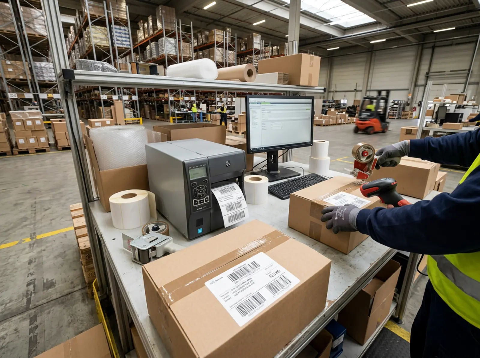 Überblick einer Versandstation im Lager: Kartons, Labeldrucker und Barcode-Scanner im Tageslicht