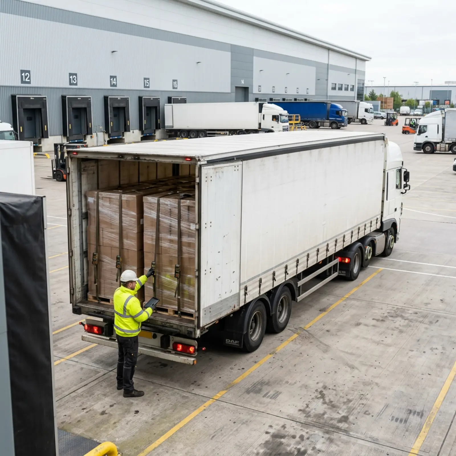 Semi-remorque chargée sur le quai de chargement ; un employé vérifie que les palettes sont bien arrimées.