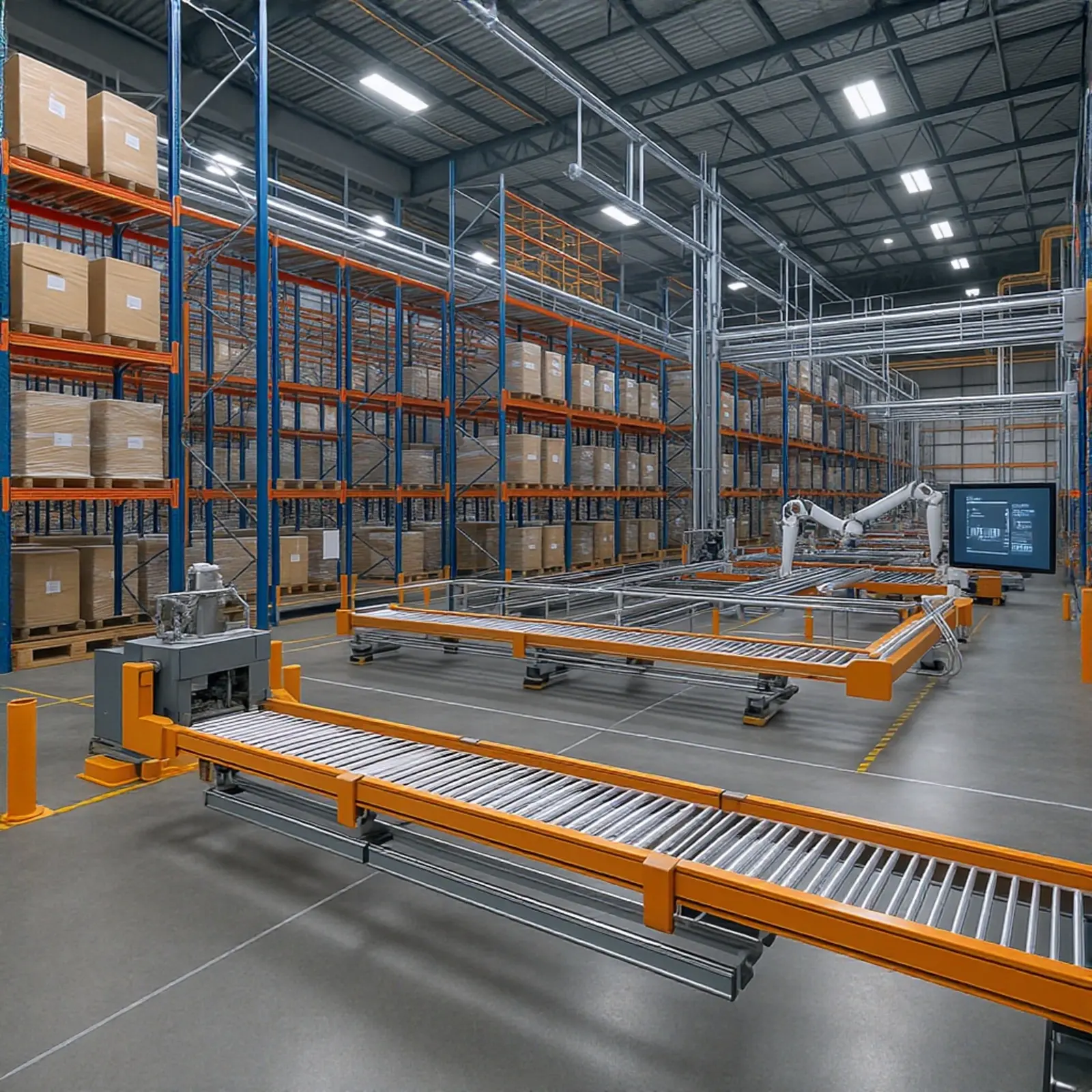 Centre logistique photoréaliste doté d'entrepôts automatisés, de convoyeurs, de robots et d'un système de gestion d'entrepôt (WMS).
