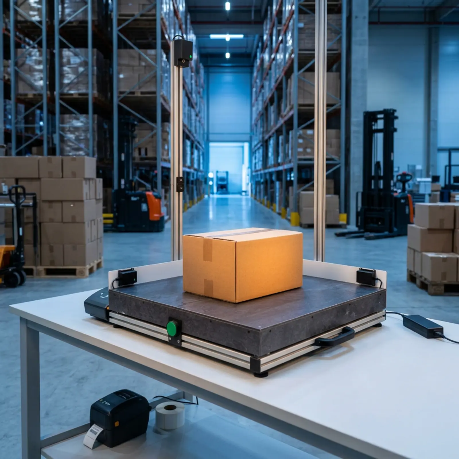 Standard shipping carton with sharp edges on the warehouse table, precise dimensions at the logistics center
