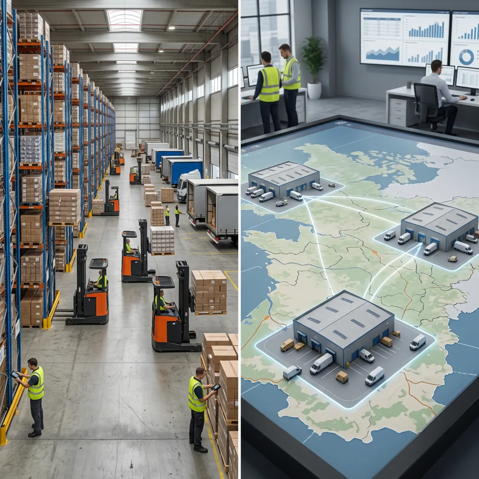Zwei Logistiklager: zentrales Warehouse links, mehrere Fulfillment-Zentren auf einer Kartenansicht rechts