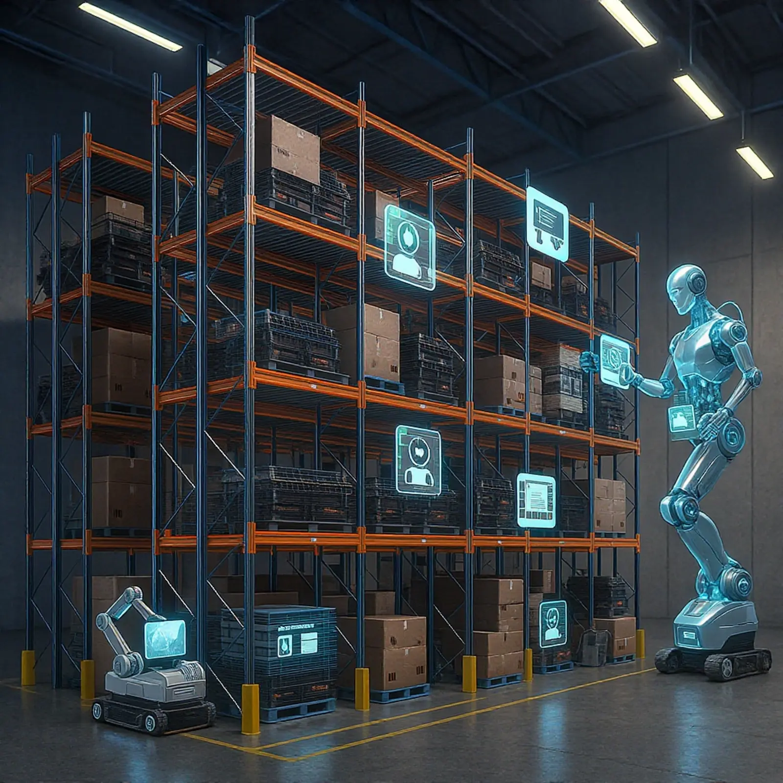 Entrepôt à rayonnages en hauteur hyperréaliste, doté d'un système d'automatisation, de robots et d'un jumeau numérique.