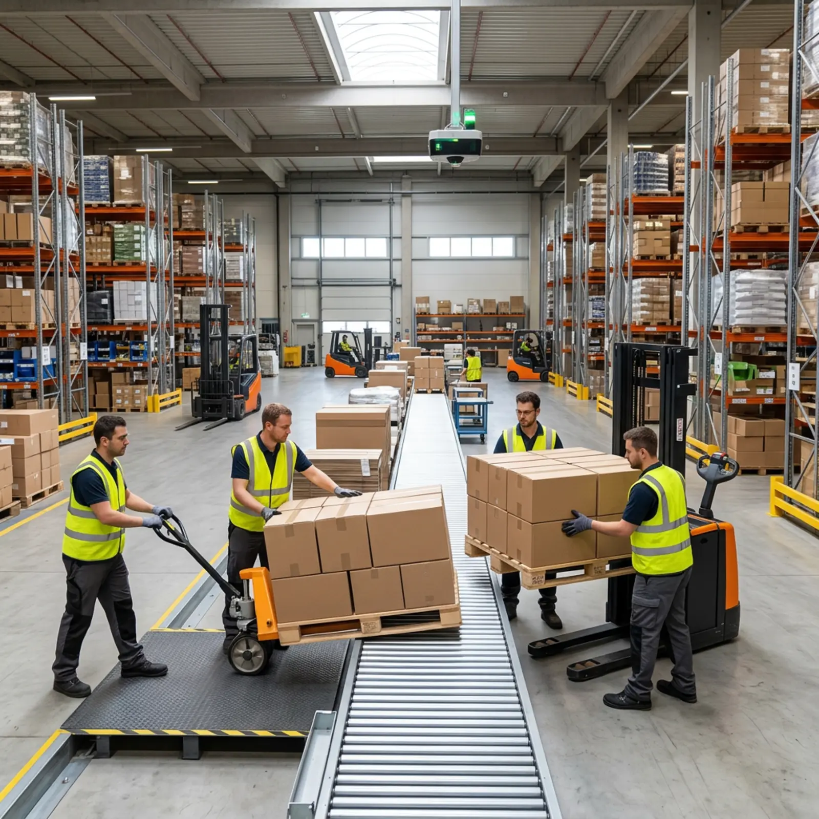 Logistikaufnahme: zwei Teams bei Übergabe, identischer Ladungsträger, automatische Erfassung.