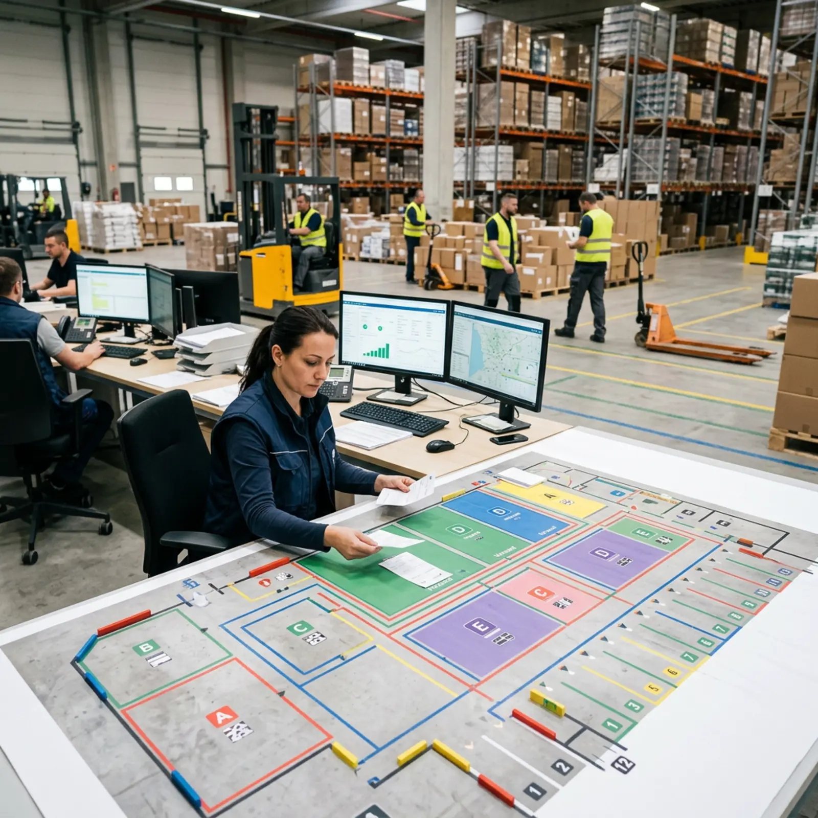 Overhead-Logistikzentrum mit Operator am Desk und Auftragsverteilung auf Zonen-Lageplan