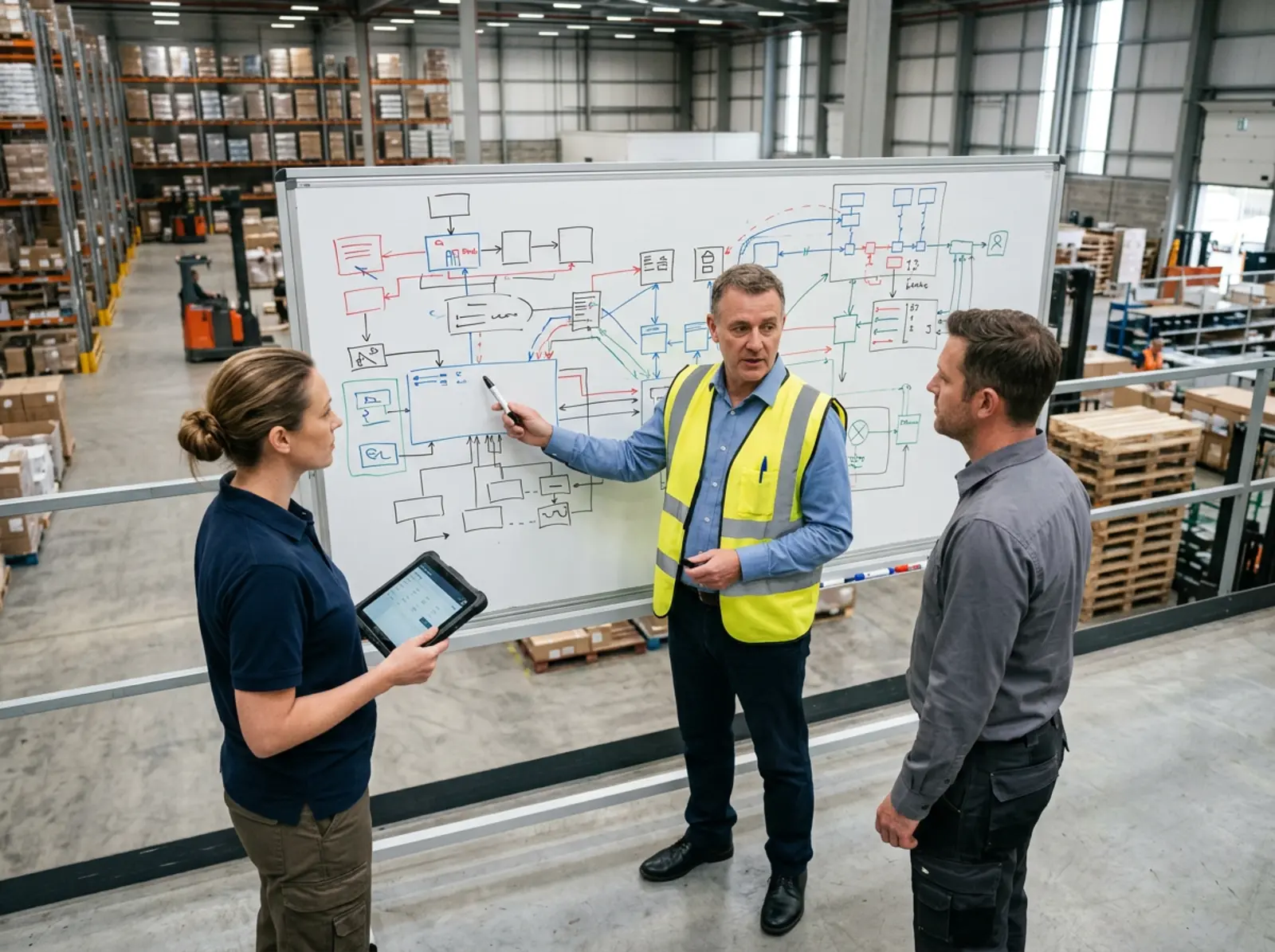Logistikmanager diskutiert mit Kollegen vor Whiteboard mit Prozess- und Systemdiagrammen im Lager