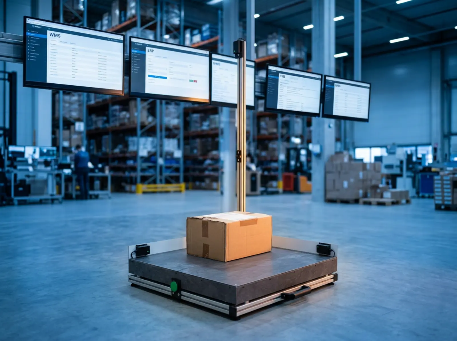 A package on a scale at the logistics center, screens displaying WMS/ERP/TMS, cool blue light.