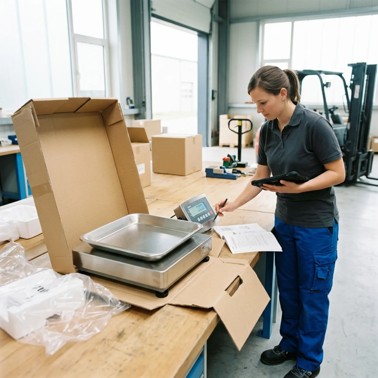 Balance industrielle fraîchement déballée ; un technicien vérifie la vignette d'étalonnage et les documents d'accompagnement.