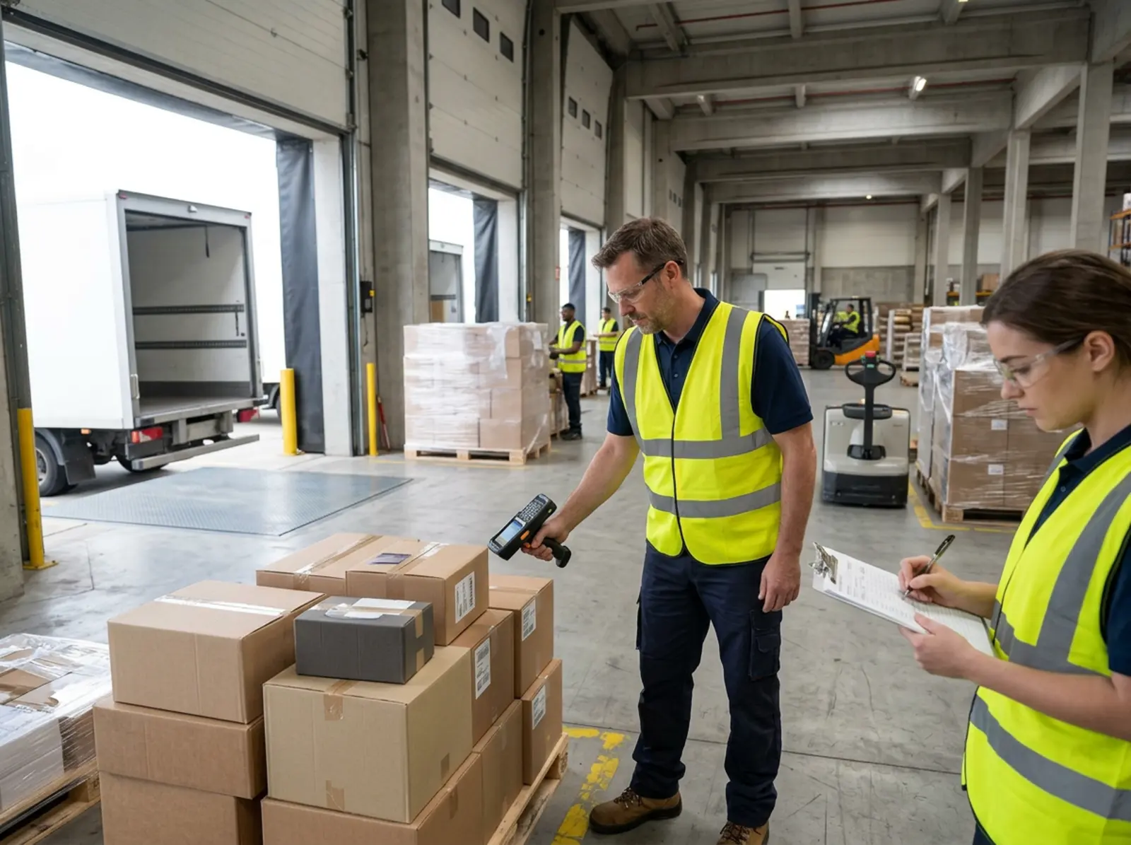 Lagerleiter scannt Wareneingang mit Barcode-Scanner am Empfangsdock, Kollege erfasst Daten per Notizblatt