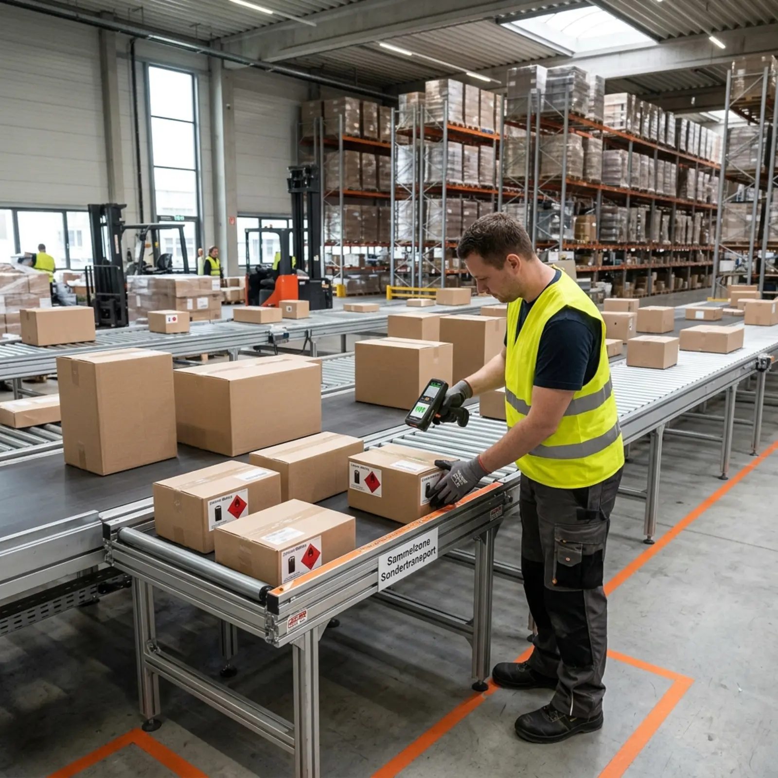Lagerarbeiter scannt Kartons mit Elektronik und sortiert Lithium-Batteriepakete im Versandbereich