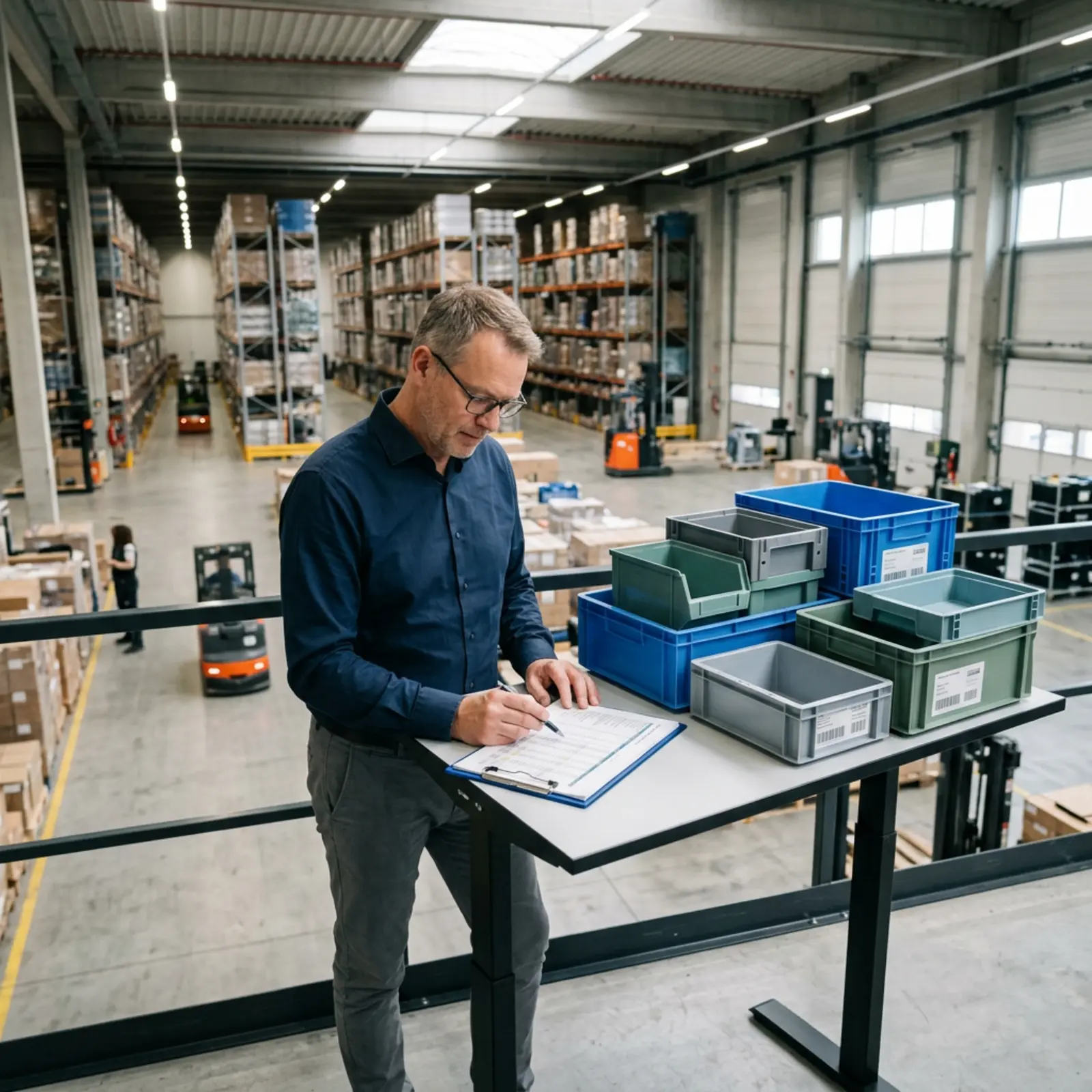 Logistikmanager am Stehpult prüft ein ausgedrucktes Kostenblatt neben stapelbaren Containern im Lager