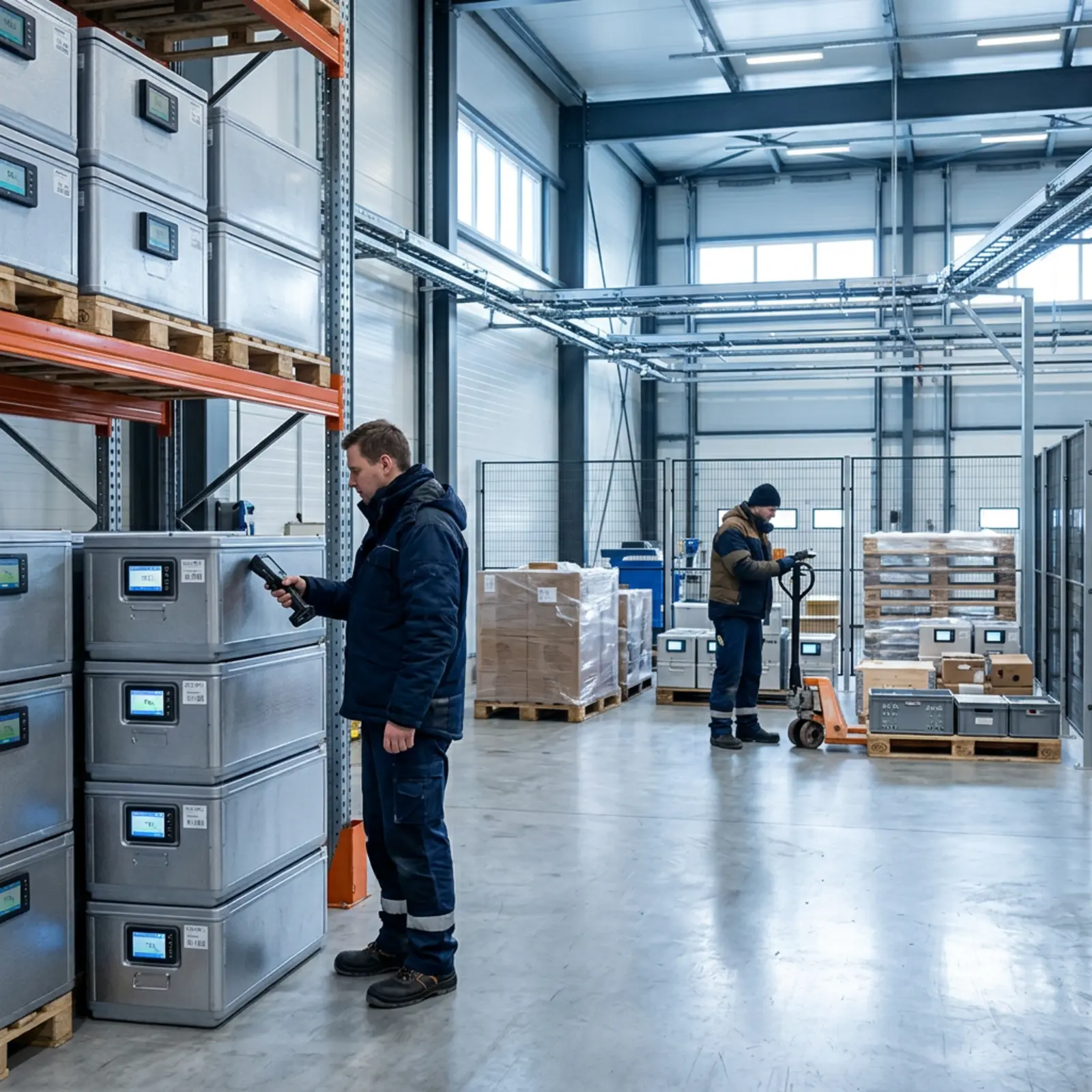 Mitarbeiter im Kühllager prüft gestapelte Container mit Sensoren; zweiter Mitarbeiter ortet Behälter.