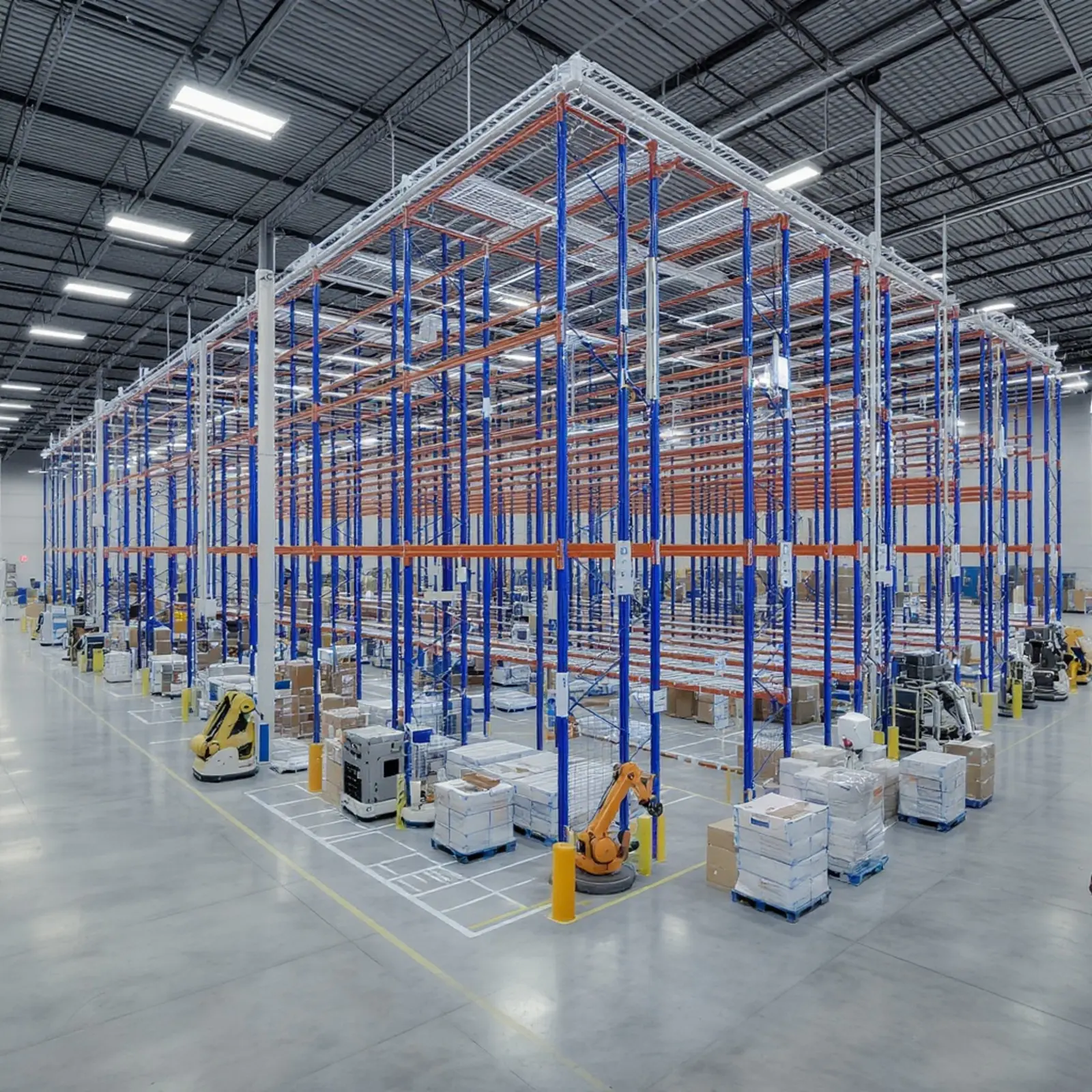 Entrepôt moderne à rayonnages en hauteur, doté d'un système de stockage automatisé, d'AGV, de robots, de capteurs et de tableaux de bord.