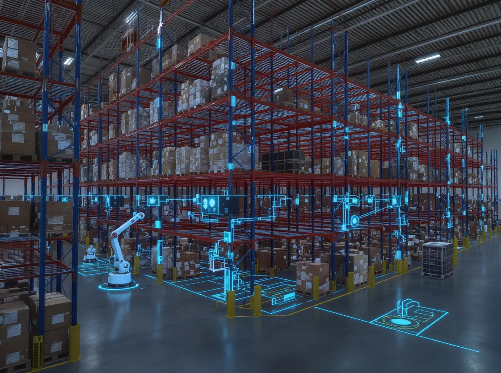 Entrepôt moderne à rayonnages en hauteur doté d'une technologie de stockage automatisée, de la robotique et de simulations de jumeaux numériques.