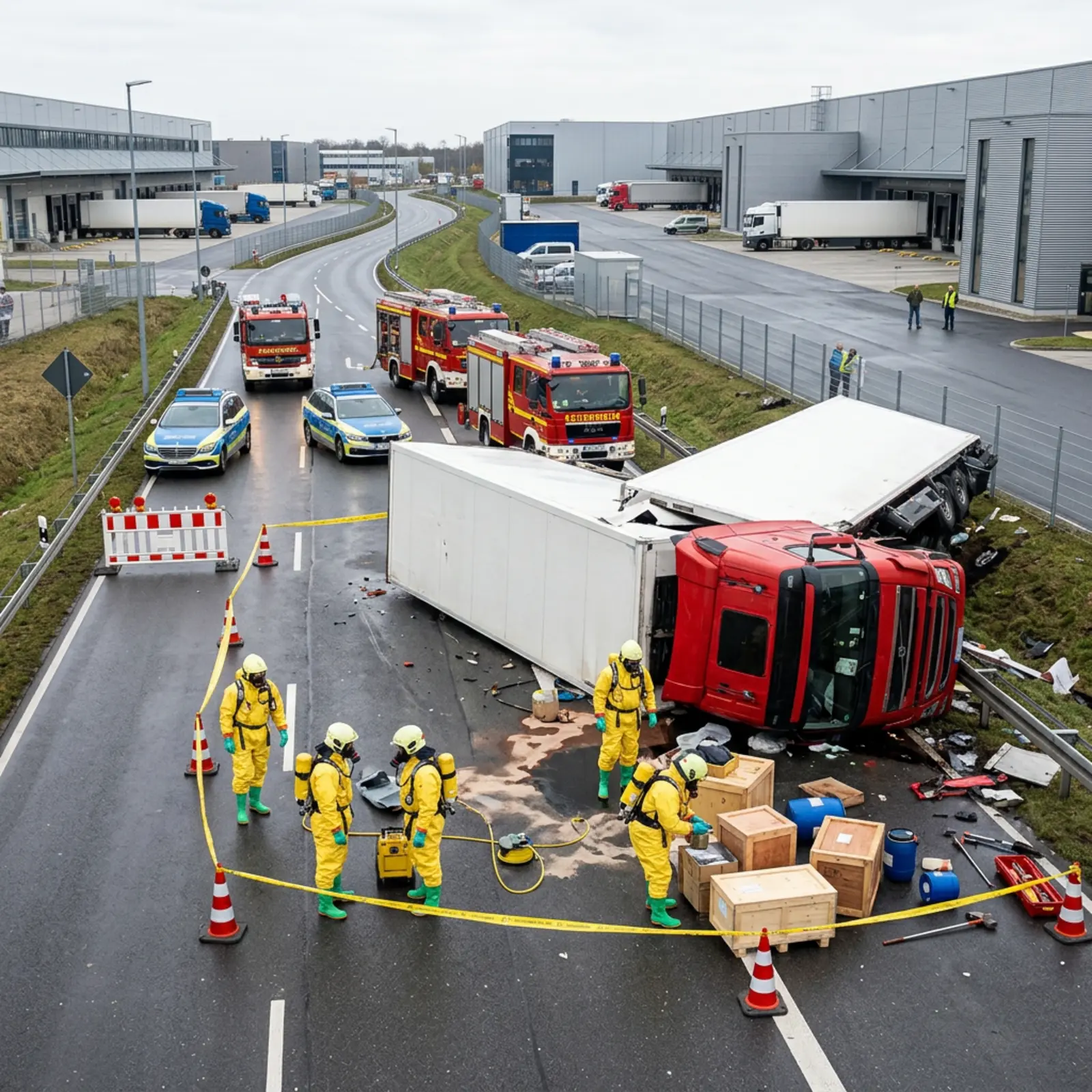 Einsatzkräfte in Hazmat-Schutzanzügen sichern nach Unfall mit umgestürztem Lkw die Straße ab