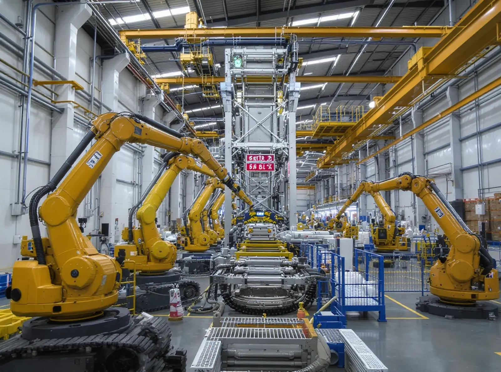 Realistische Aufnahme eines modernen Hochregallagers mit Robotern und Förderbändern.