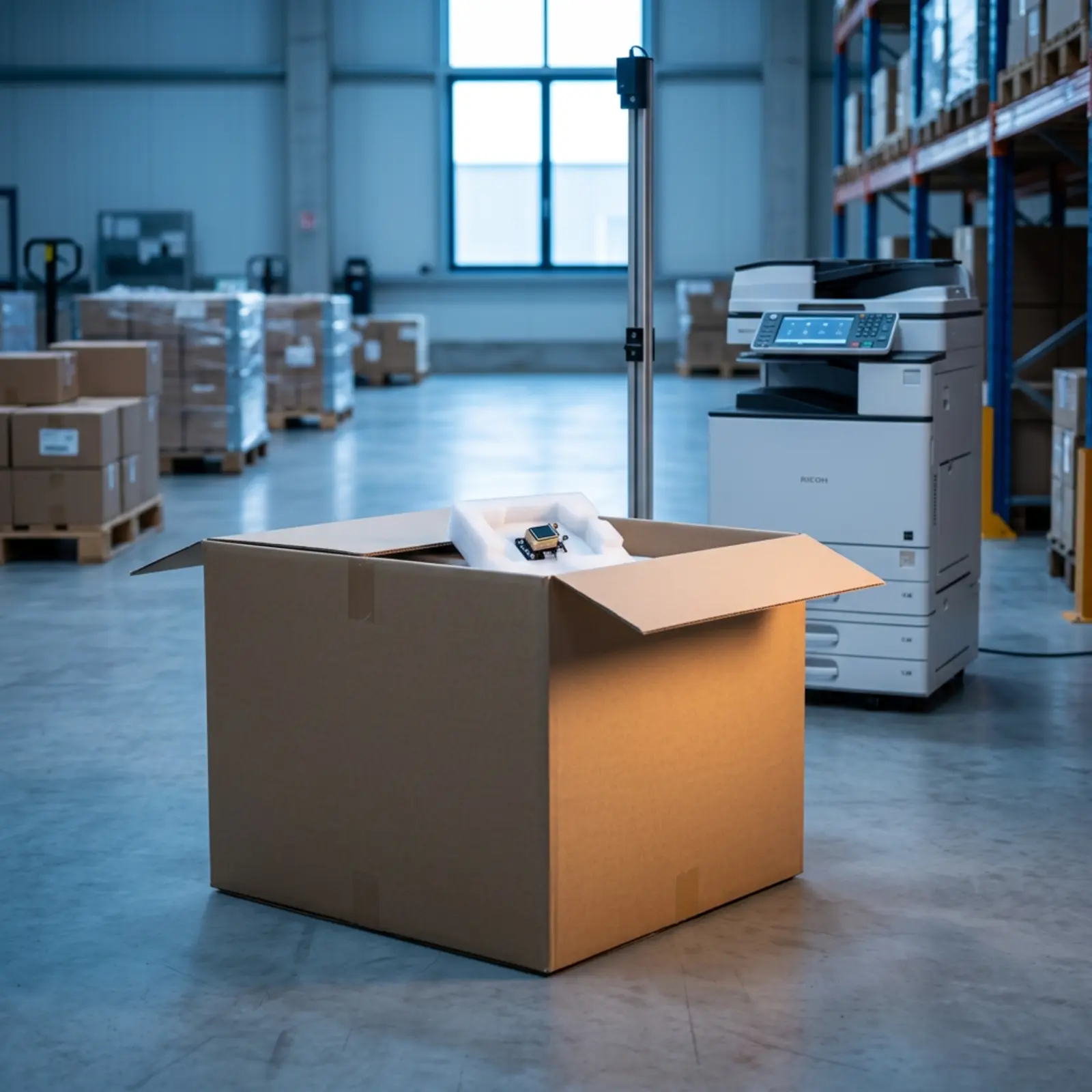 Large cardboard box containing a small product in a warehouse, focus on the device, blue light, warm accent lighting.