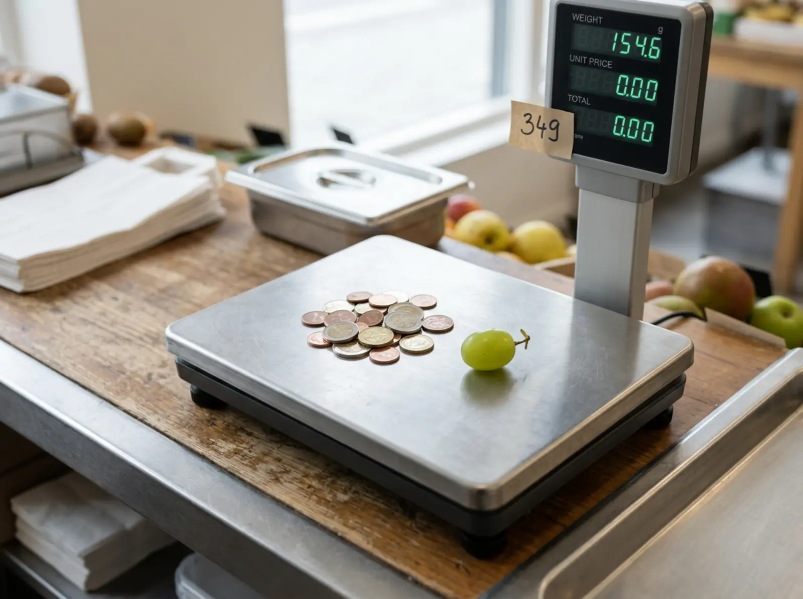 Münzen und eine einzelne Traube nebeneinander auf der Plattform einer Waage