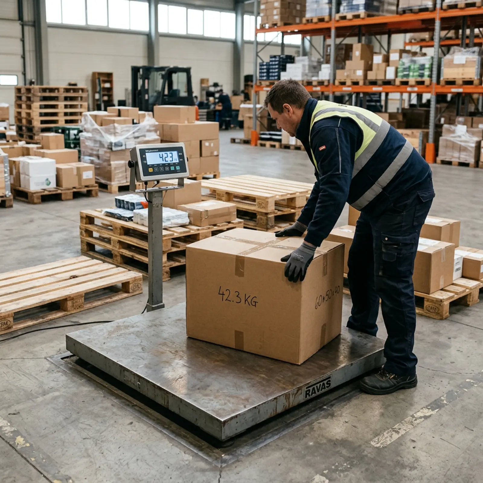 Mitarbeiter stellt einen Karton auf eine Bodenwaage zwischen Paletten.