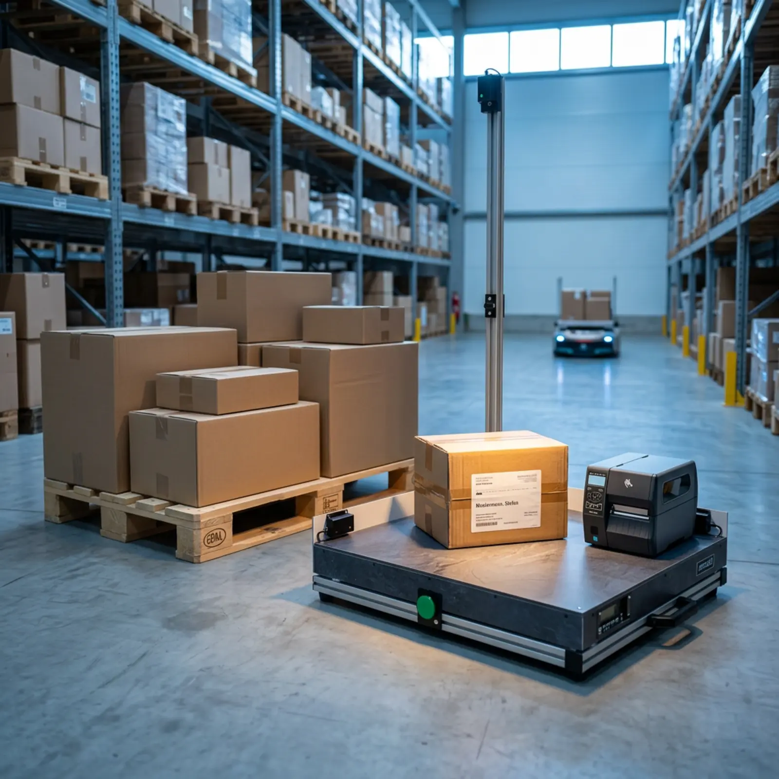 Wide range of goods on a warehouse floor, focus on equipment, cool blue.