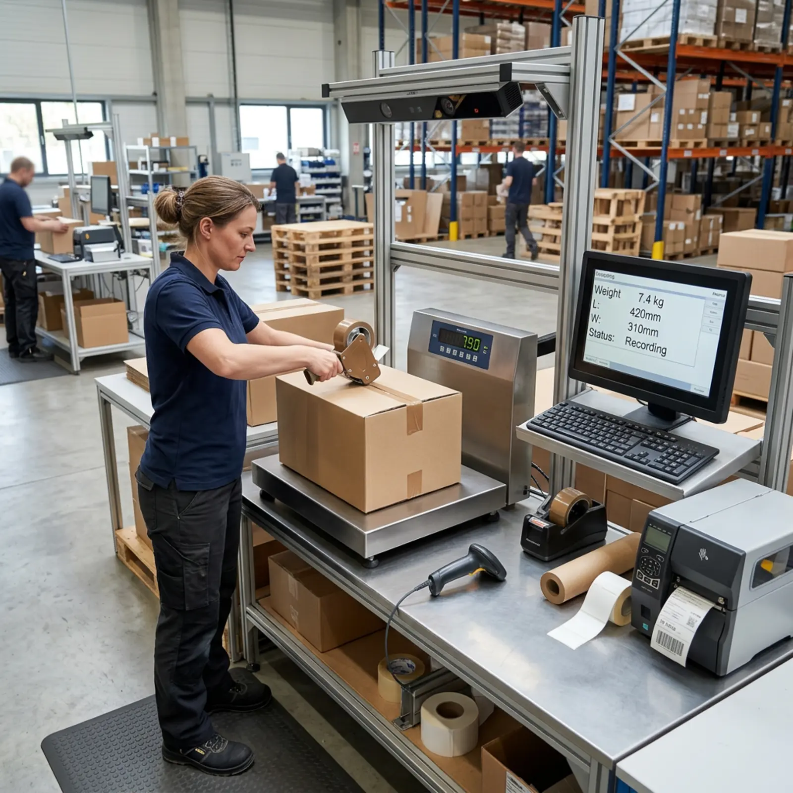 Verpackungsstation in einem mittelgroßen Lager; Paket wird gemessen, Maße und Gewicht erfasst
