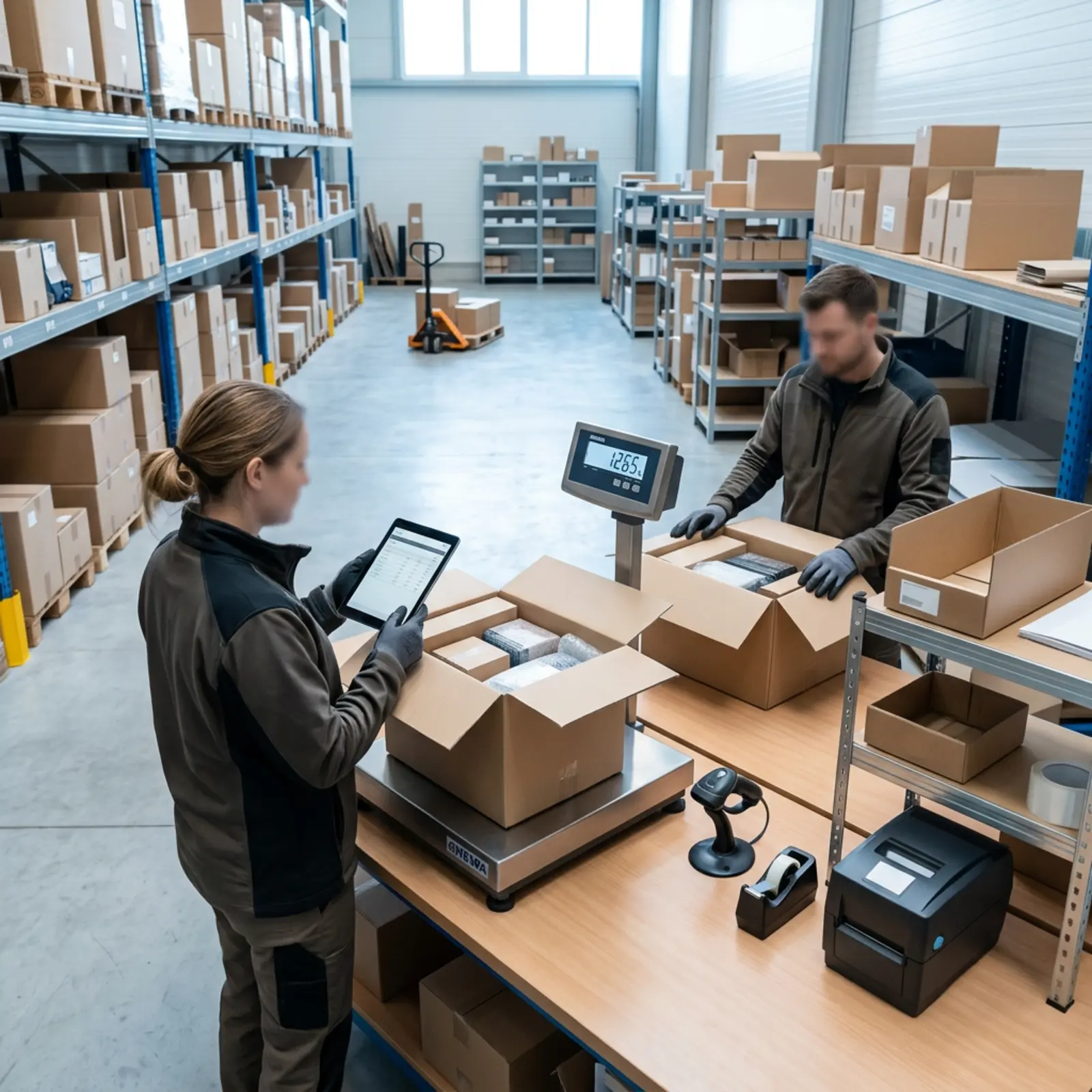 Logistique moderne : table d'emballage équipée d'une balance, contrôle ; les employés vérifient les cartons dans l'allée pour s'assurer qu'ils correspondent