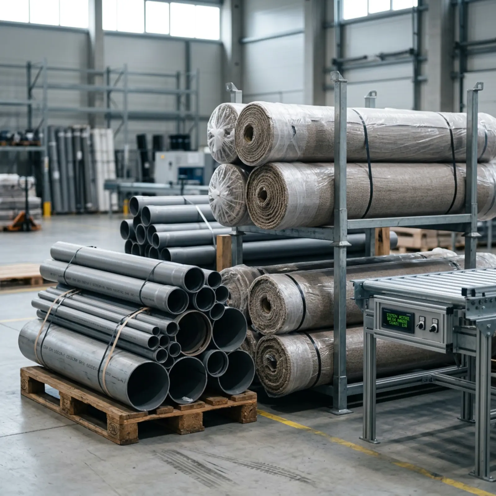 Fotografía industrial con infografías, alfombras enrolladas y tubos cilíndricos en un almacén