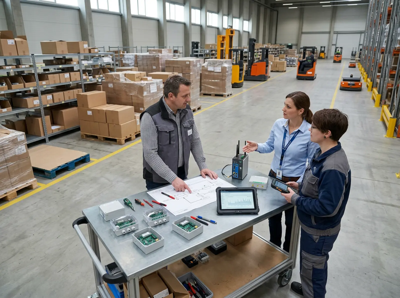 Projektbesprechung auf dem Lagerboden zwischen Betrieb, IT und Wartung, Sensoren und Netzwerkgerät.