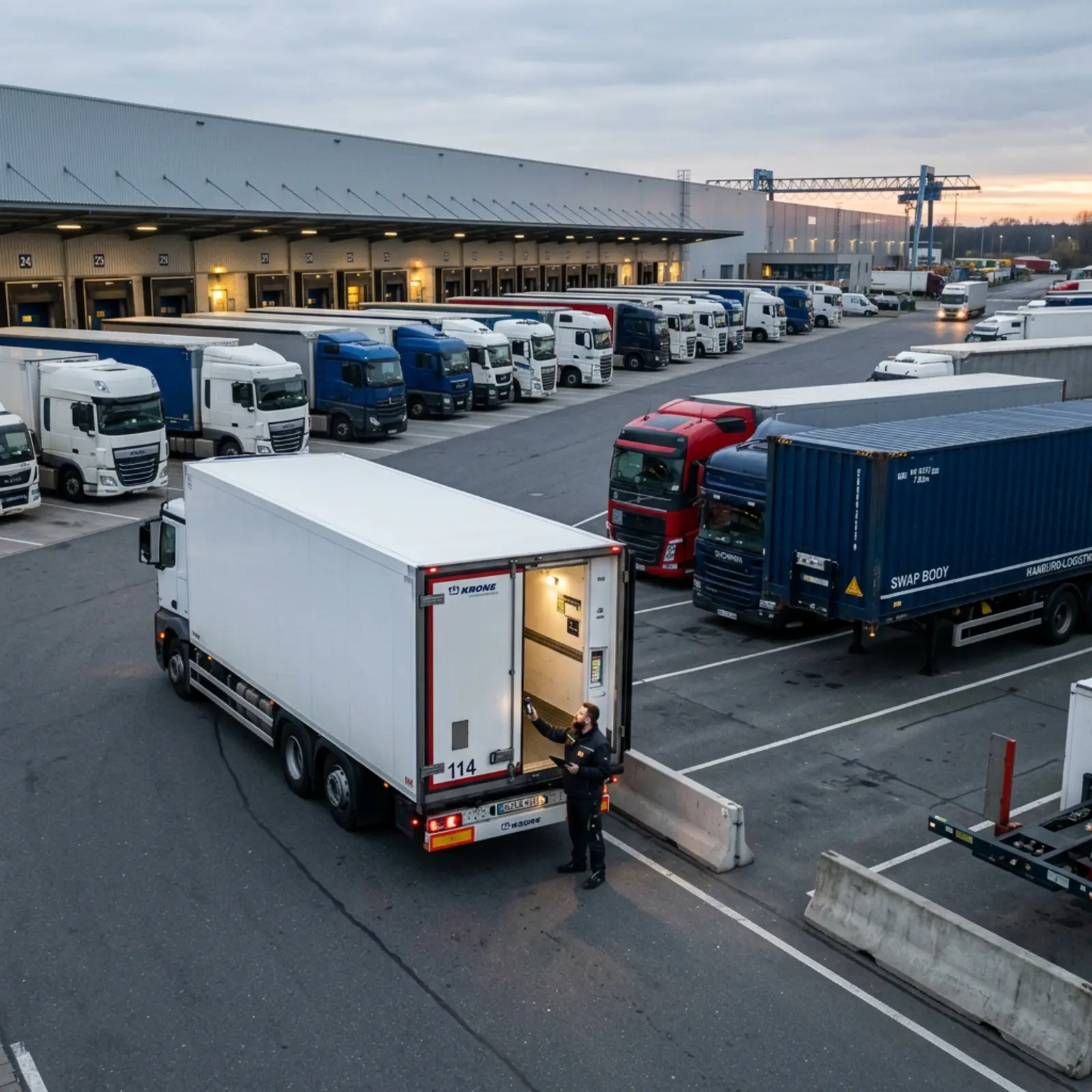 Lagerhof im Morgengrauen: Lkw in Reihe; Fahrer prüft Kühlauflieger; Wechselaufbau zum Umlagern