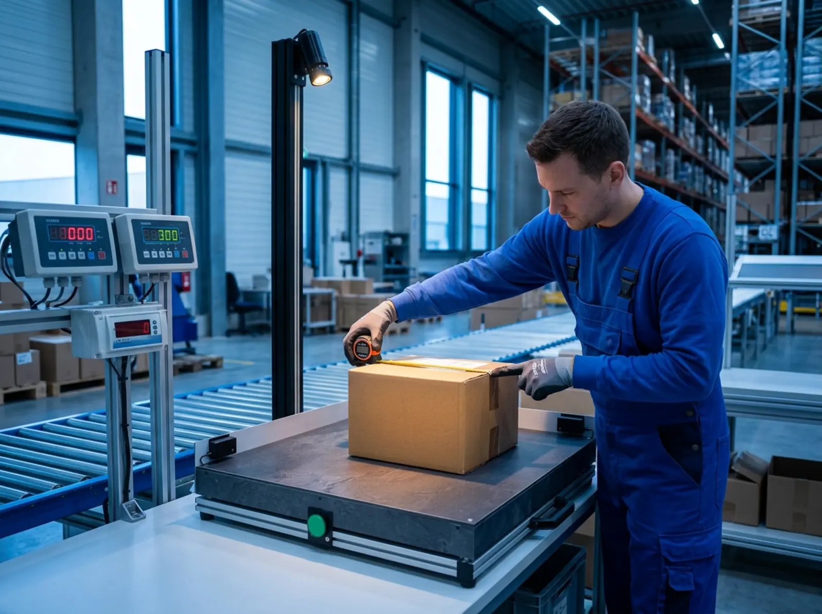 A warehouse worker measures the dimensions of a cardboard box at the packing station