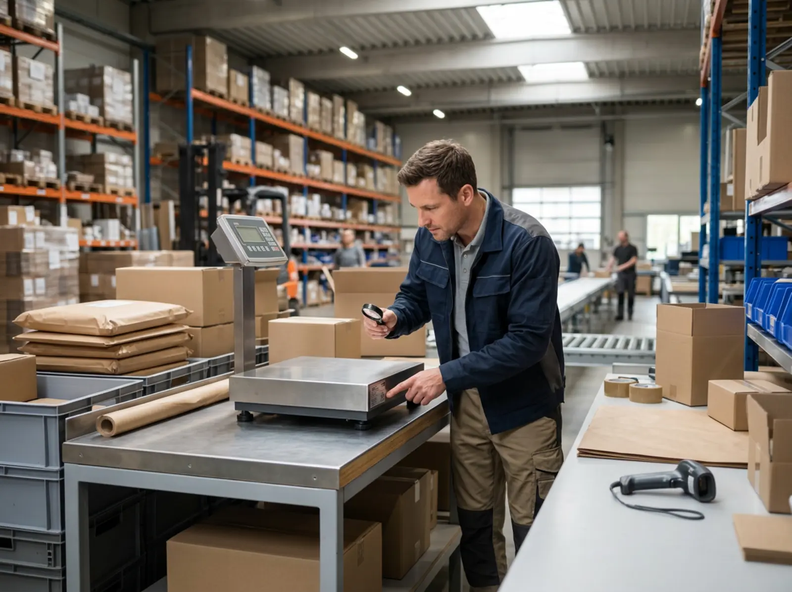 Un superviseur vérifie la plaque d'identification et le boîtier d'une balance à colis installée sur la table d'emballage