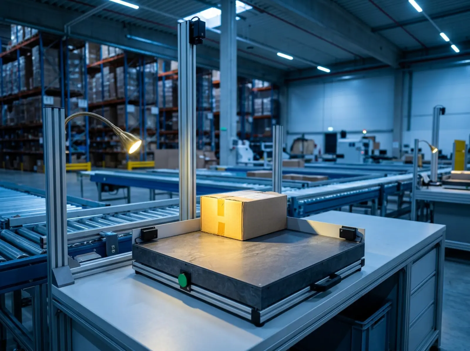 A package on a sorting table at the logistics center, with a cool blue light and a warm accent.