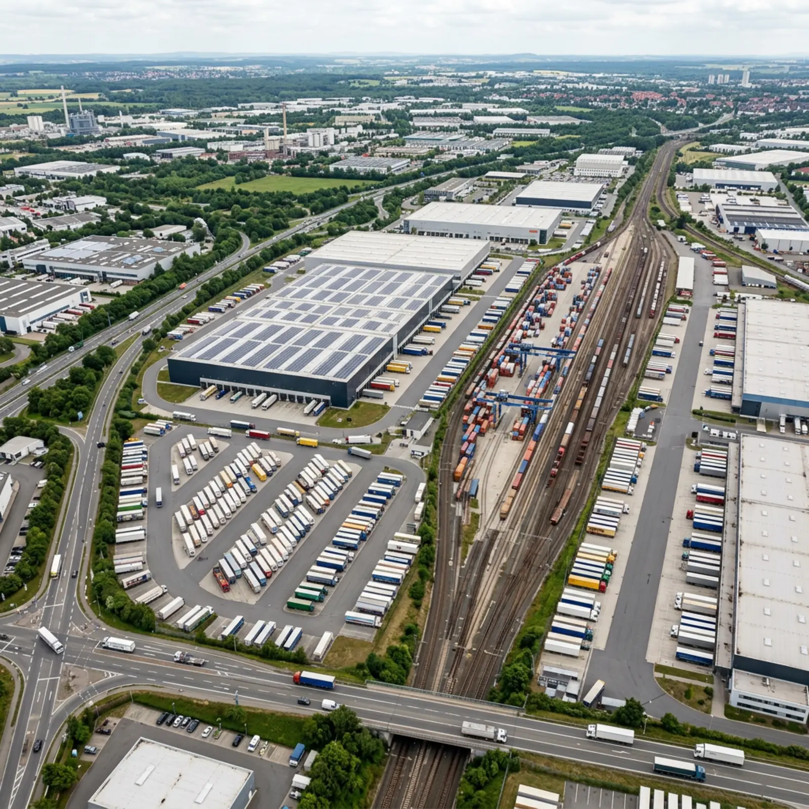 Vue aérienne d'un grand site logistique comprenant des terminaux, des entrepôts, des camions et du trafic ferroviaire en Allemagne