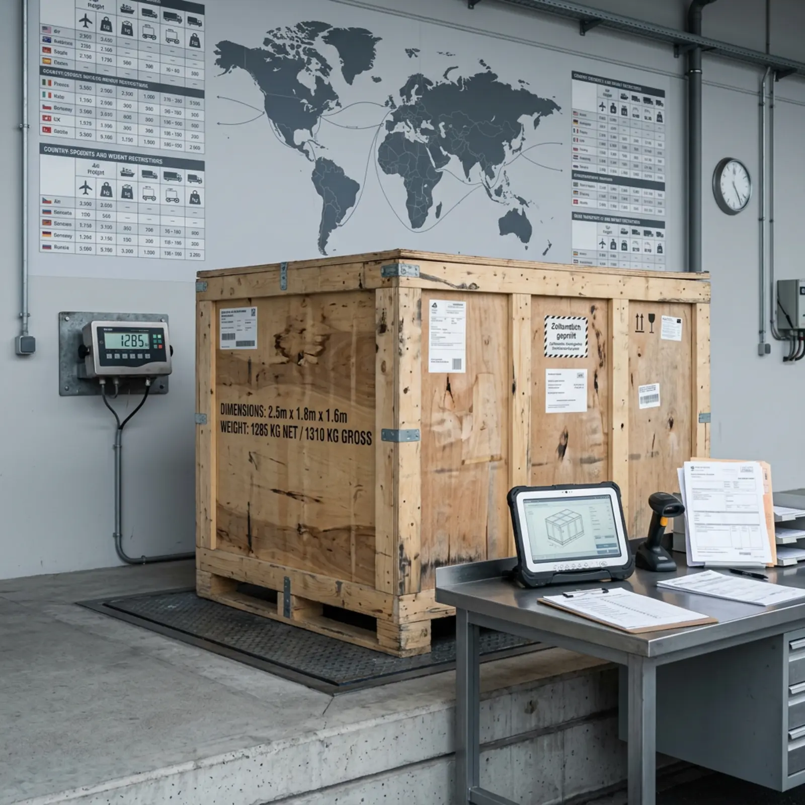 Caja de carga de grandes dimensiones en el muelle de carga, inspección aduanera, mapamundi y tablas de tallas al fondo