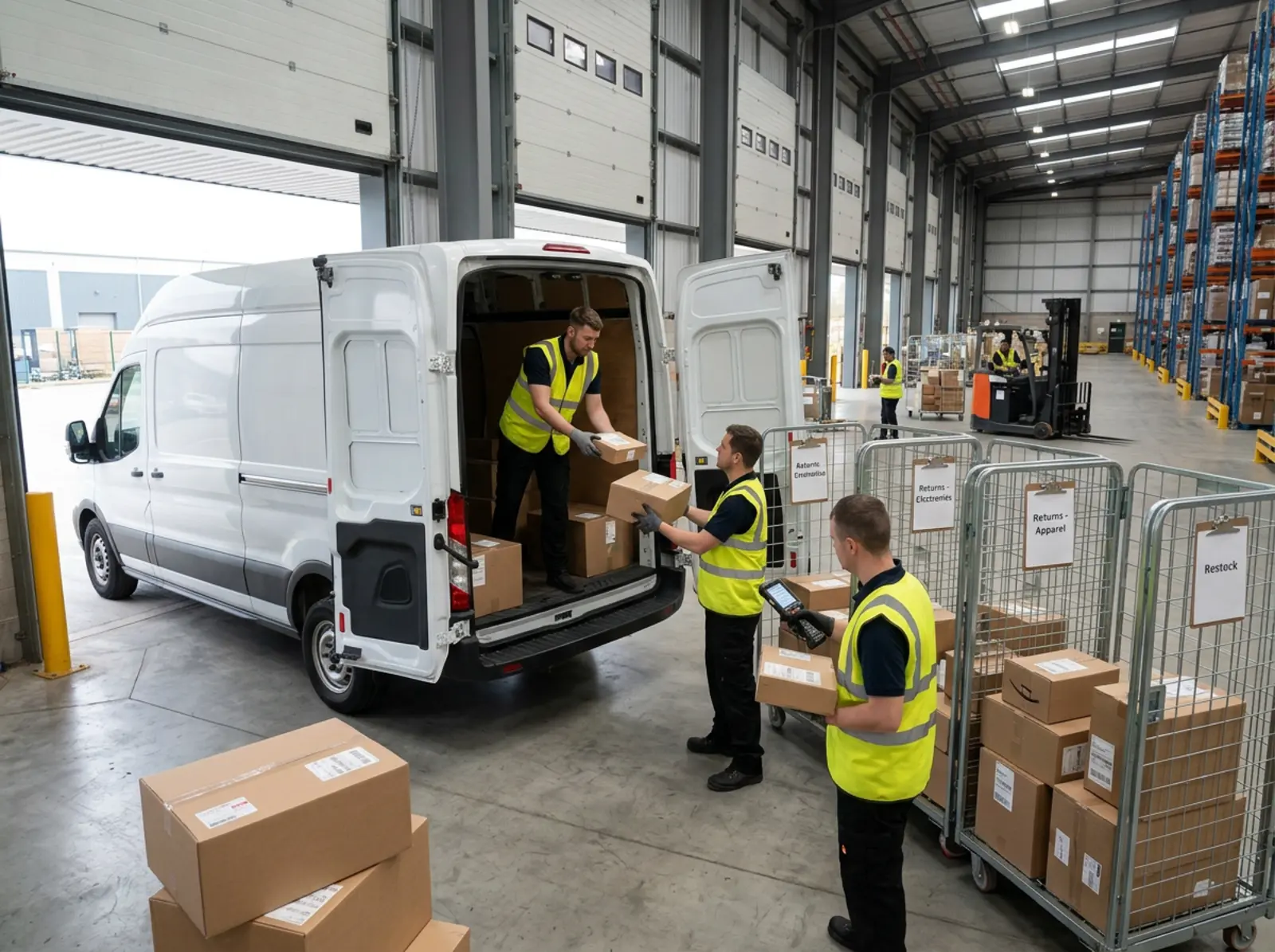 Rücknahme-Logistik: Mitarbeiter laden Pakete aus Lieferwagen ins Sortierregal am Dock